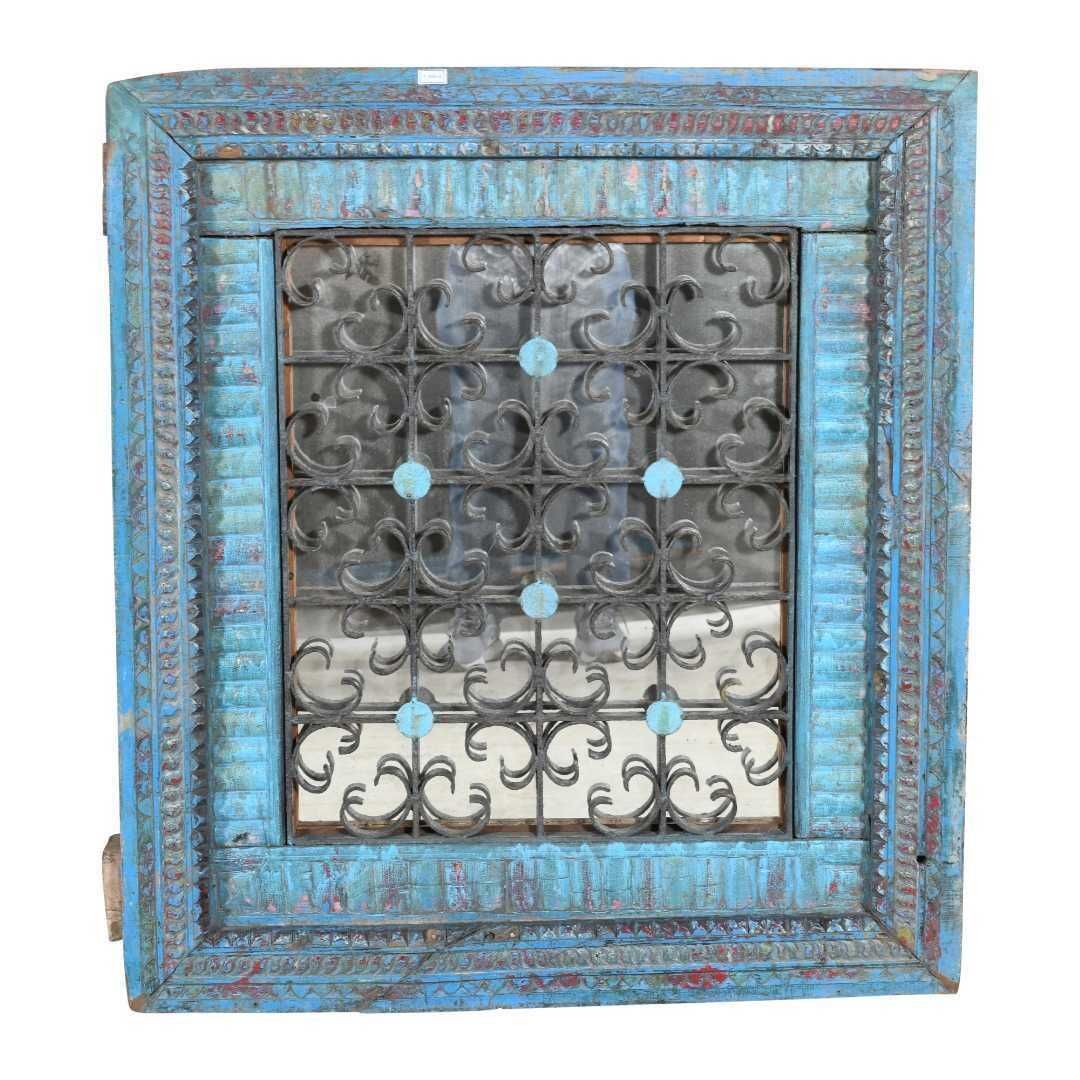 Antique Azure Blue Indian Teak & Iron Jali Window Mirror – Carved 19th Century Rajasthan Frame