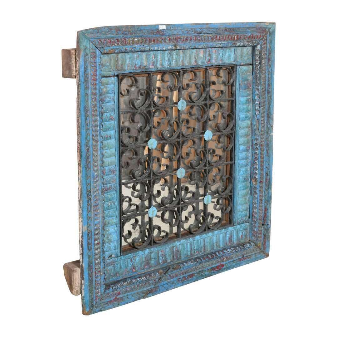 Antique Azure Blue Indian Teak & Iron Jali Window Mirror – Carved 19th Century Rajasthan Frame photo furniture