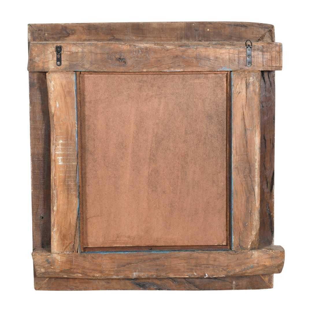Antique Azure Blue Indian Teak & Iron Jali Window Mirror – Carved 19th Century Rajasthan Frame photo for sale