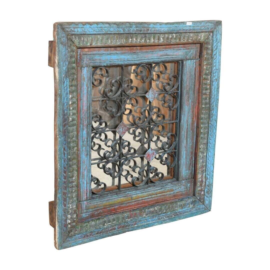 Antique Azure Blue Indian Teak & Iron Jali Window Mirror – Carved 19th Century Frame photo furniture