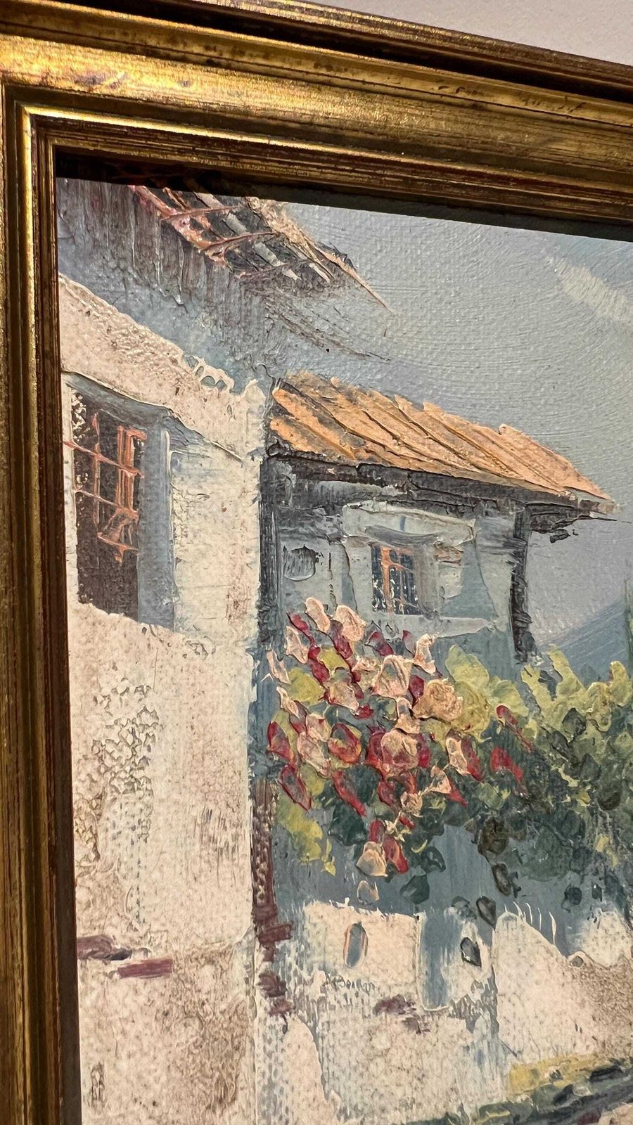 Charming Mid Century Oil Painting Of Village House With Mountain View photo 99.0