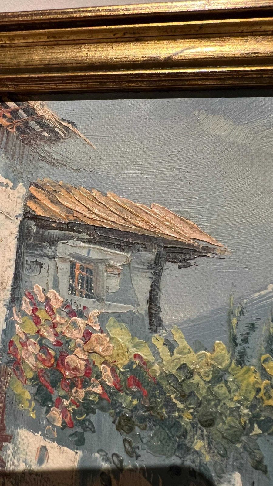 Charming Mid Century Oil Painting Of Village House With Mountain View photo vinterior