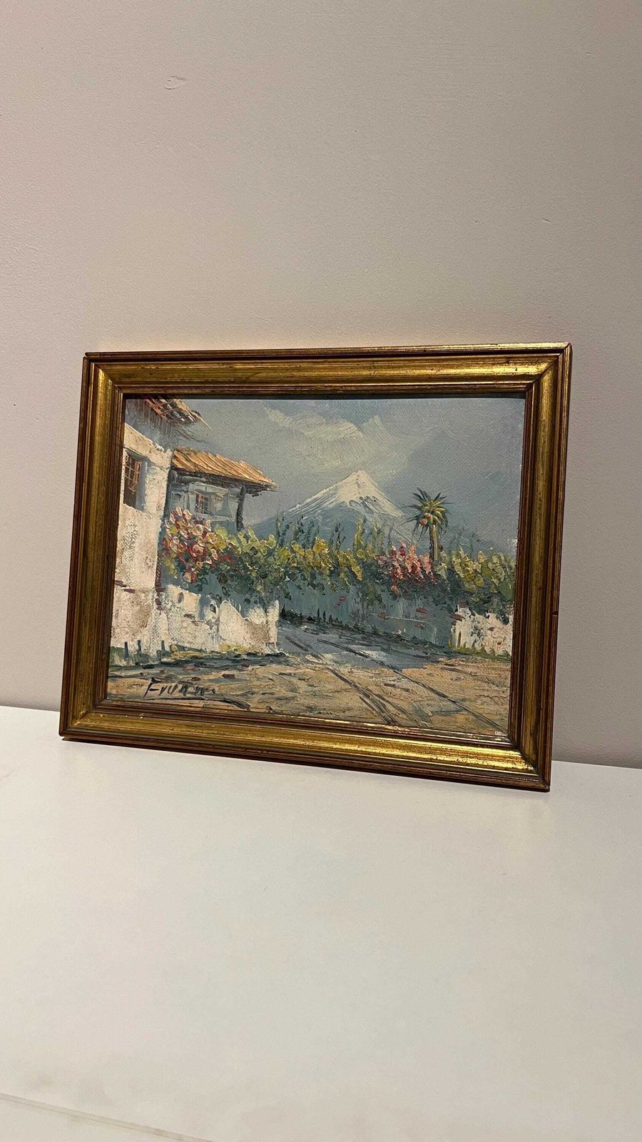 photo for sale Charming Mid Century Oil Painting Of Village House With Mountain View