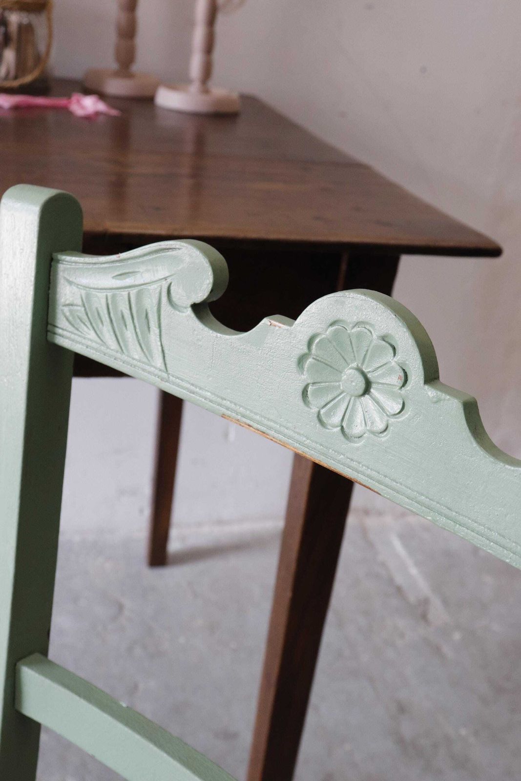 Pretty Green Painted Vintage Chair With Stripped Pierced Star Pattern Seat photo buy