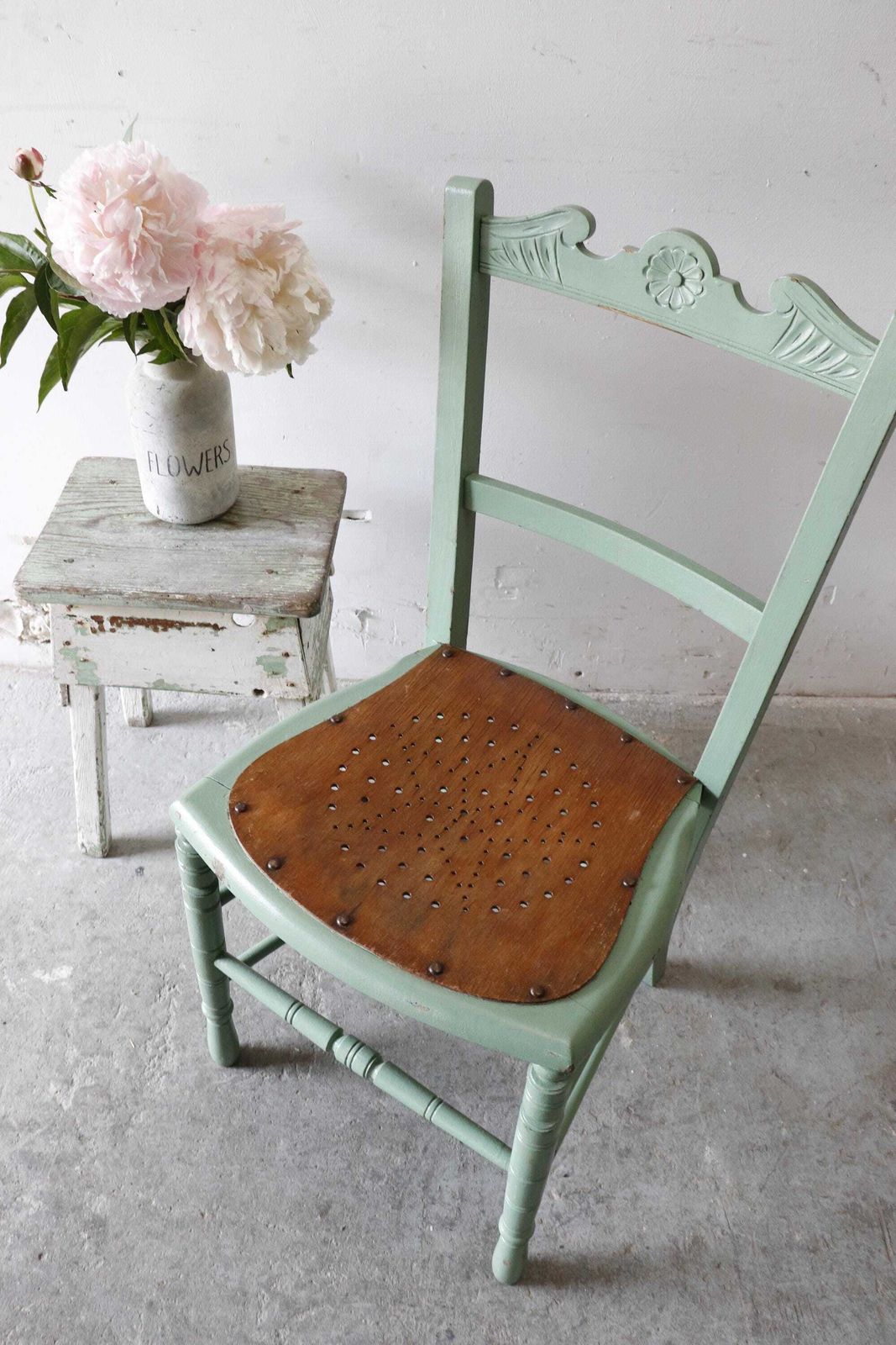 photo for sale Pretty Green Painted Vintage Chair With Stripped Pierced Star Pattern Seat