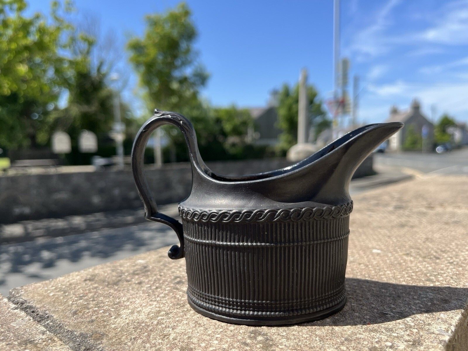 Antique 19th Century Black Basalt Ribbed Acanthus Leaf Creamer Jug Wedgwood photo for sale