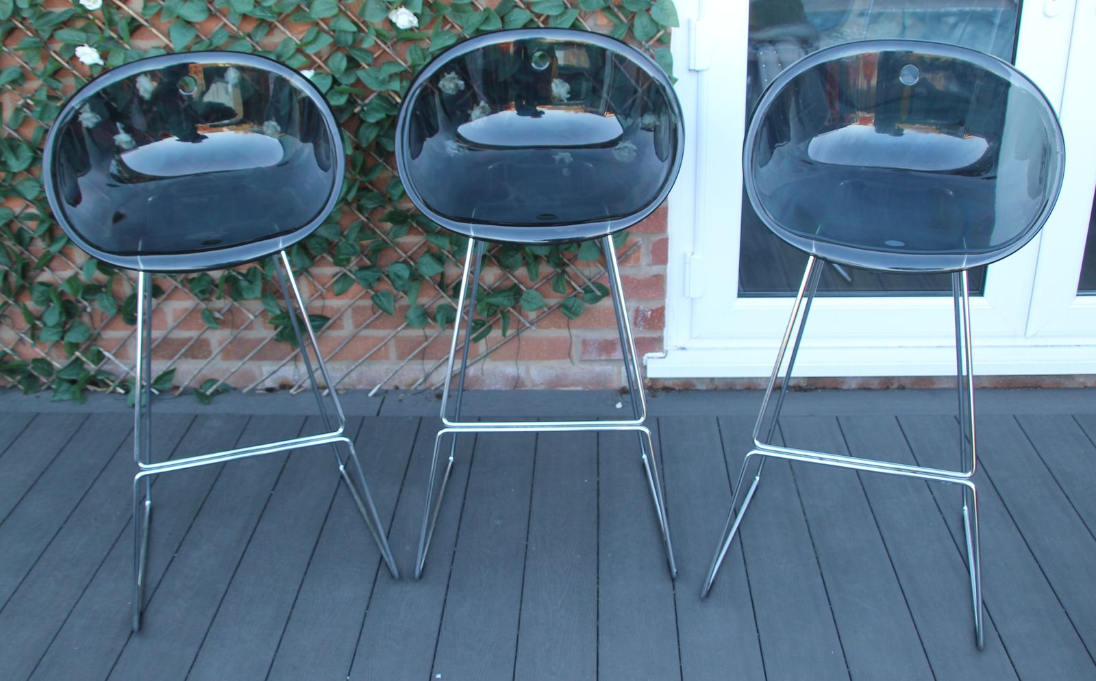 Set Of 6 Pedrali Gliss Designer Stools. Italian Smoked Grey And Orange Bar Stools photo for sale
