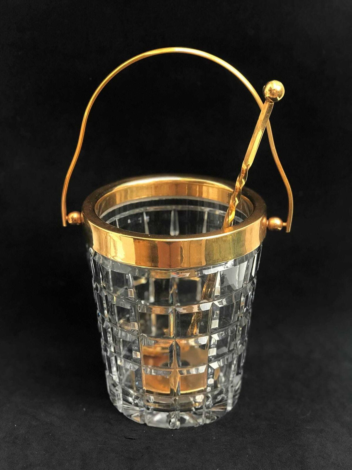 Ice Bucket Mcm Hand Cut Crystal French With Golden Metal Handle Barware Mixology Tools Bar Cart Hollywood Regency Man Cave Gift