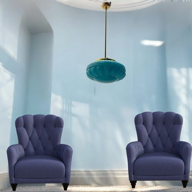 Mid Century Blue Opaline Glass Pendant Light With Brass Fittings photo for sale