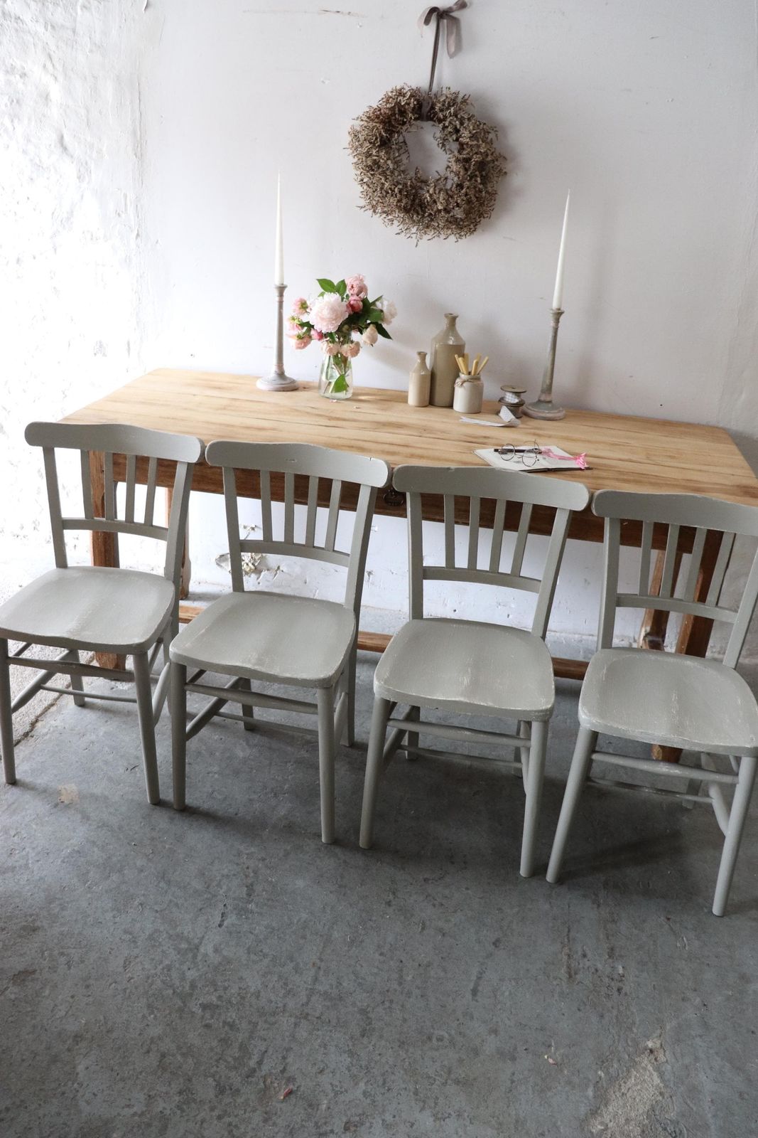Set Of Four Zinc Grey Painted Vintage Chapel Chairs photo for sale