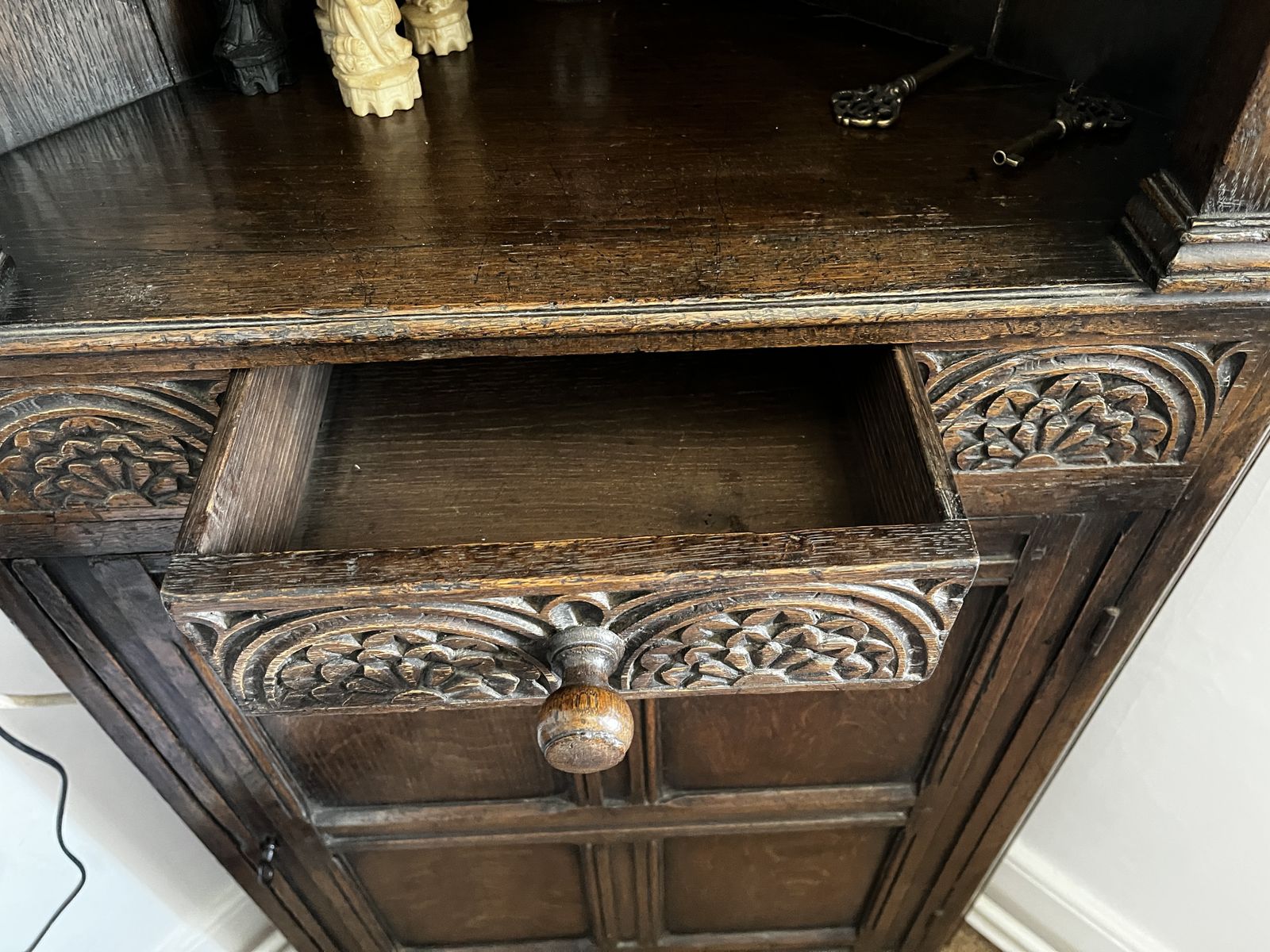 Antique Oak Corner Cabinet 20th Century With Moon Carvings photo for sale