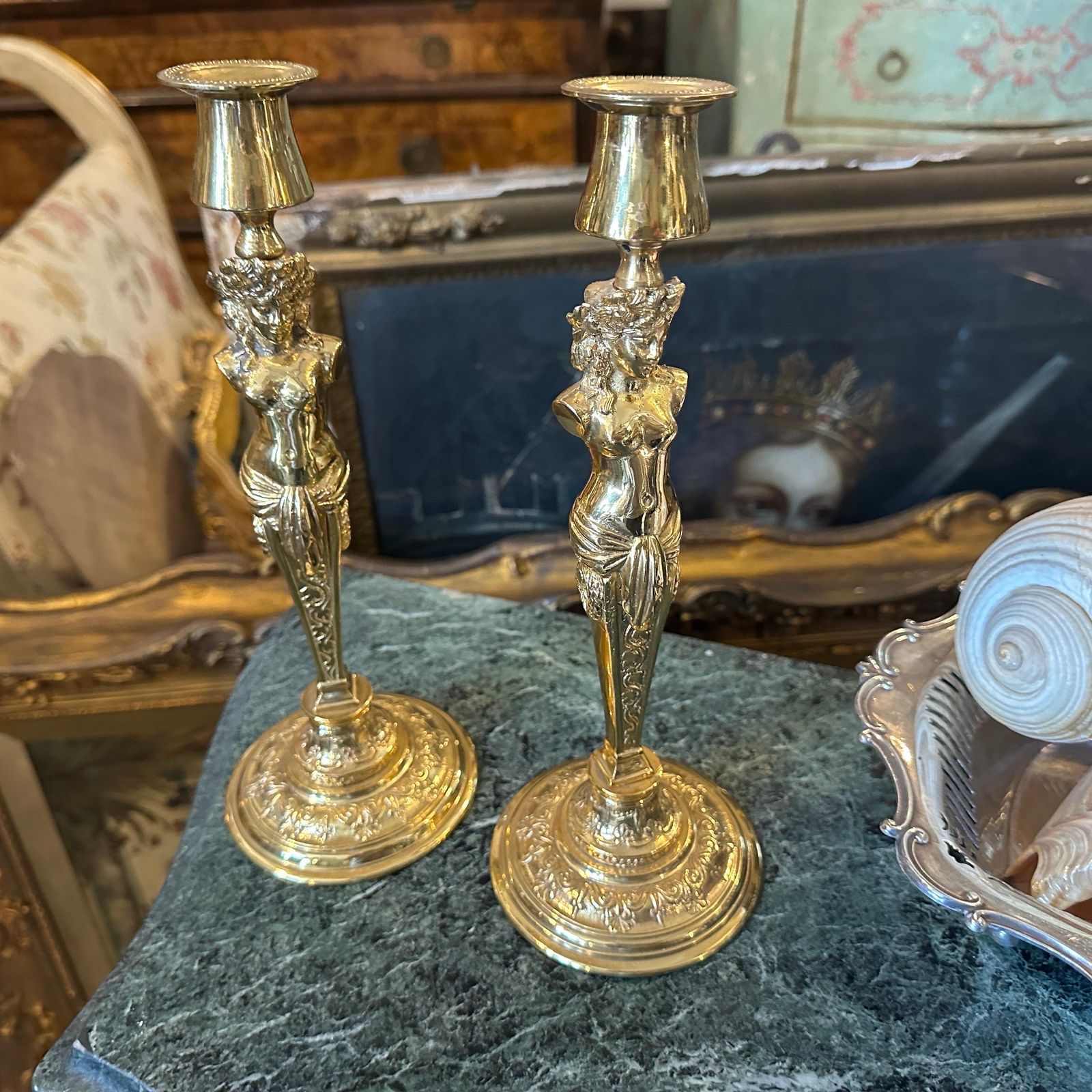 Two 20th Century Art Nouveau Gilded Metal Italian Candlesticks photo for sale