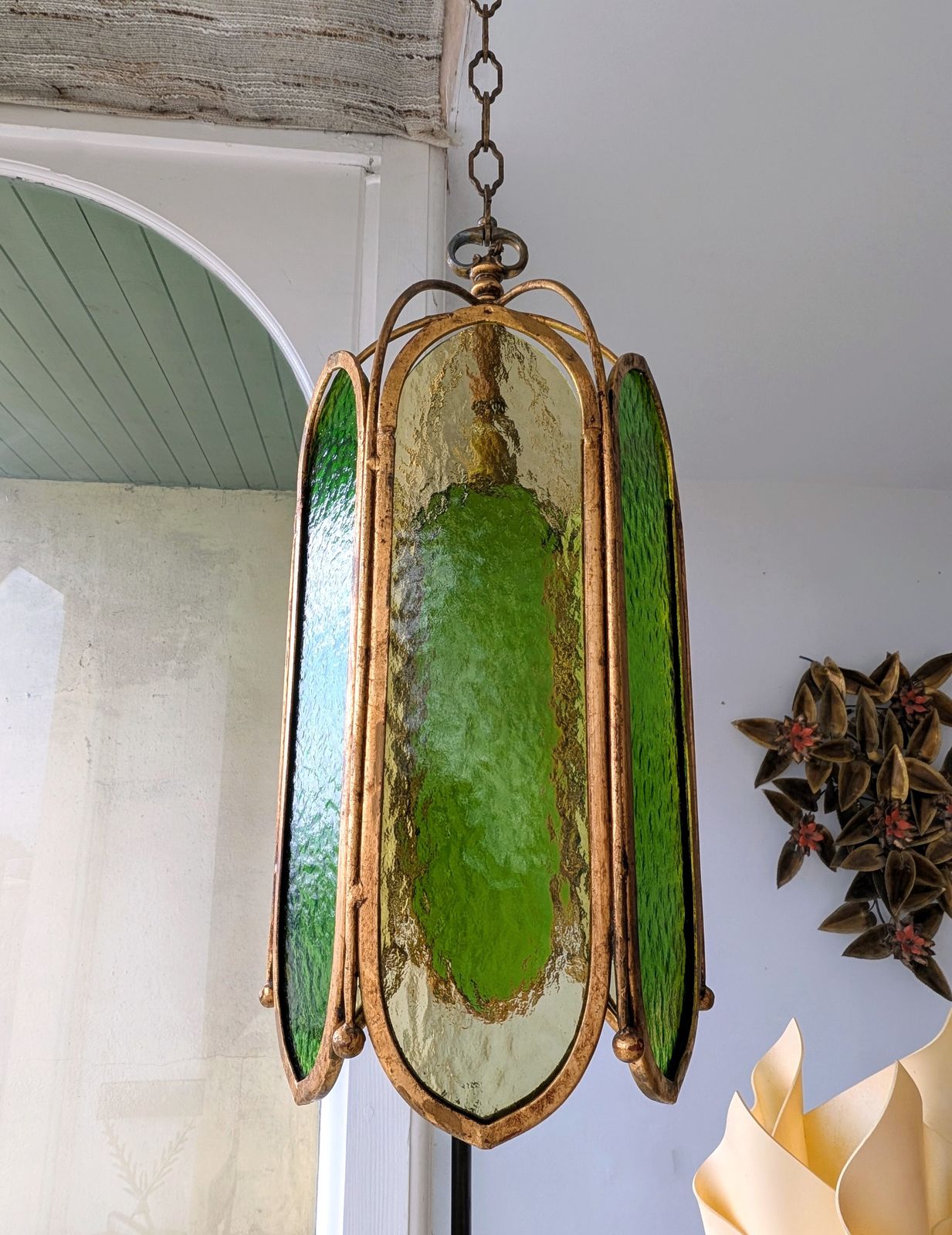 Mid Century Vintage Green Glass & Gilt Iron Pendant Light, USA 1960s photo vinterior