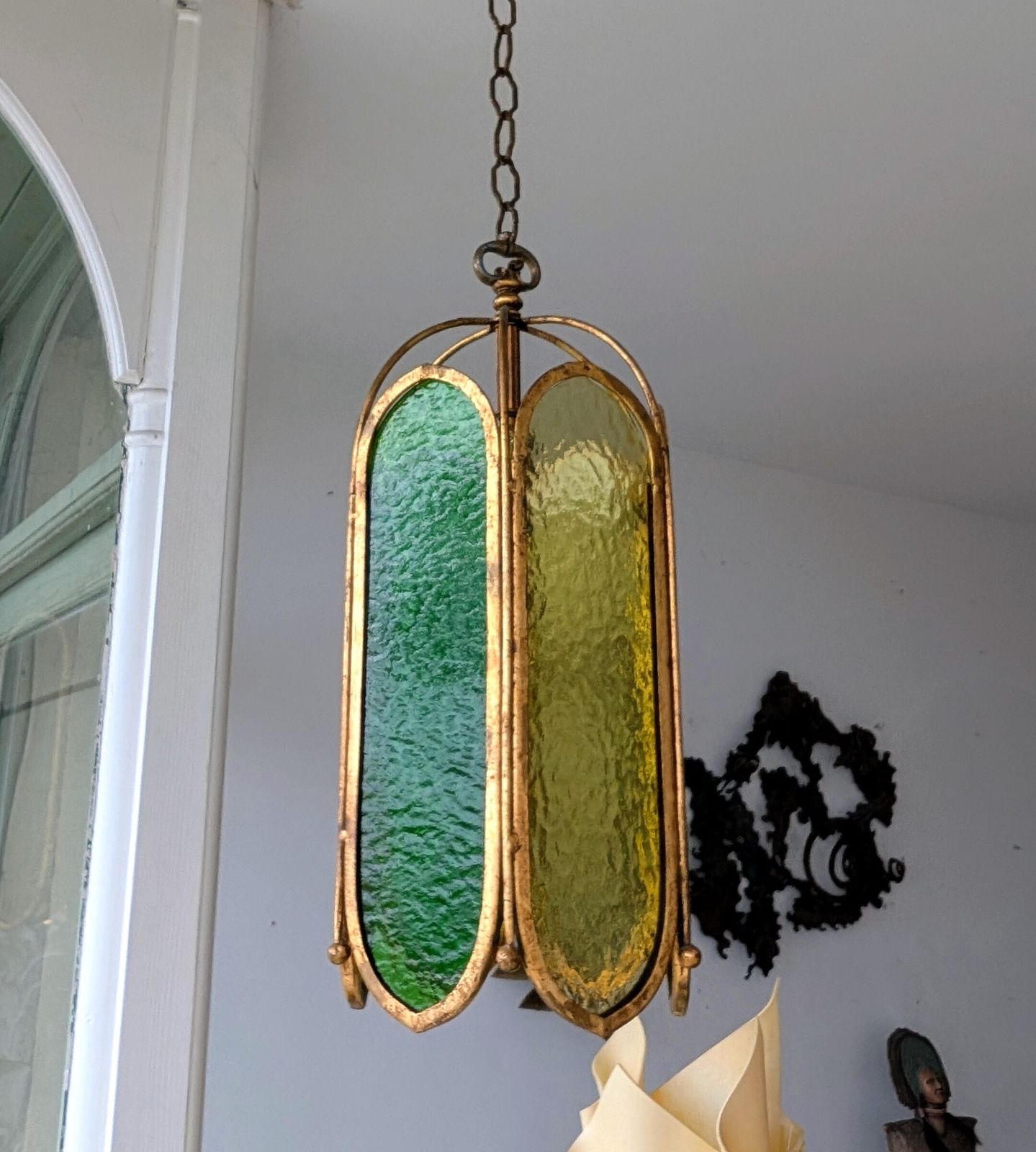 photo for sale Mid Century Vintage Green Glass & Gilt Iron Pendant Light, USA 1960s