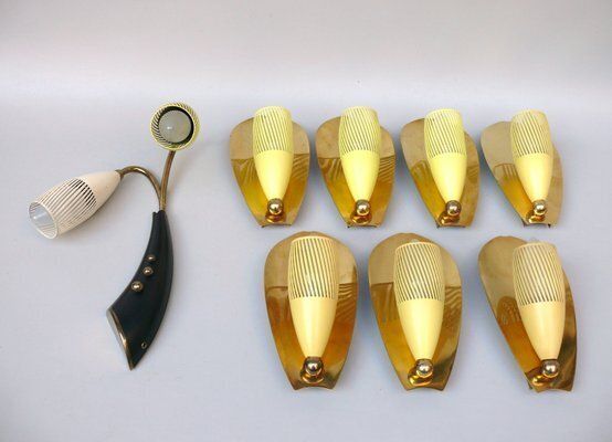 Brass, Yellow, Beige And Black Wall Lamp Set From Gebrüder Cosack, 1950s, Set Of 8 photo furniture