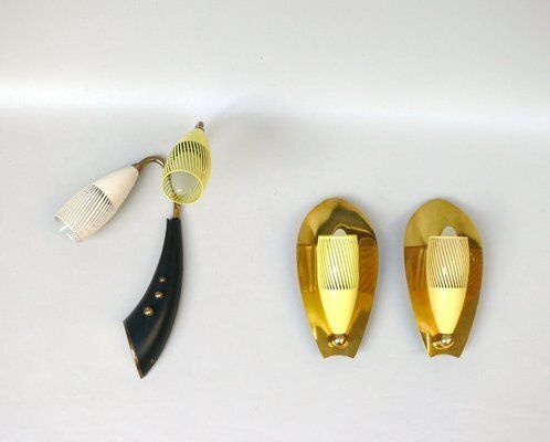Brass, Yellow, Beige And Black Wall Lamp Set From Gebrüder Cosack, 1950s, Set Of 8 photo 5890.0