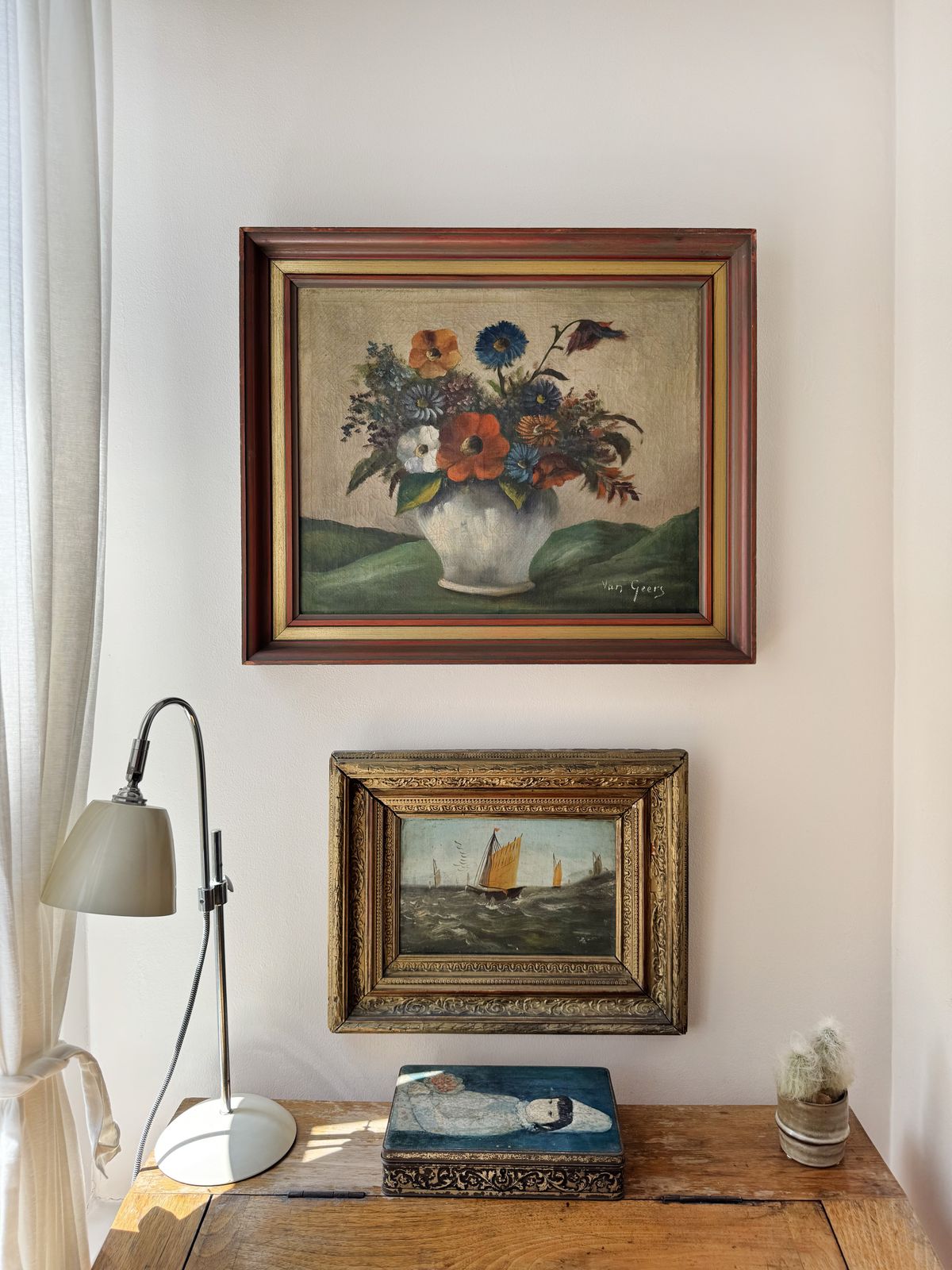 Vintage Dutch Floral Oil Painting Signed By Artist Van Geer photo furniture