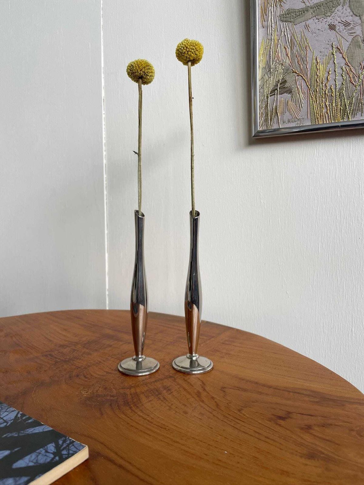 Pair Of Small Slim Single Stem Art Deco Soliflore Metal Vases photo for sale