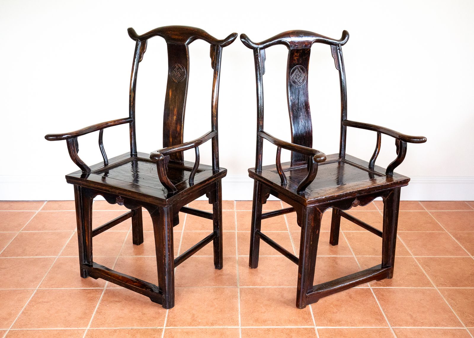 photo furniture Antique Chinese Armchairs Pair Official Hat Yoke Back Lacquered Red 19th Century Carved Swastika Motifs Ming Qing Orienta.L Hall Chairs Country House