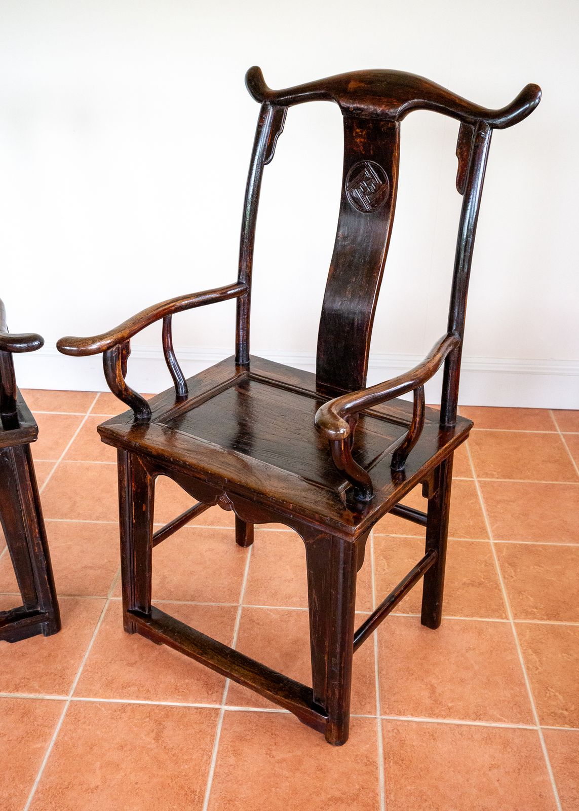 photo buy Antique Chinese Armchairs Pair Official Hat Yoke Back Lacquered Red 19th Century Carved Swastika Motifs Ming Qing Orienta.L Hall Chairs Country House