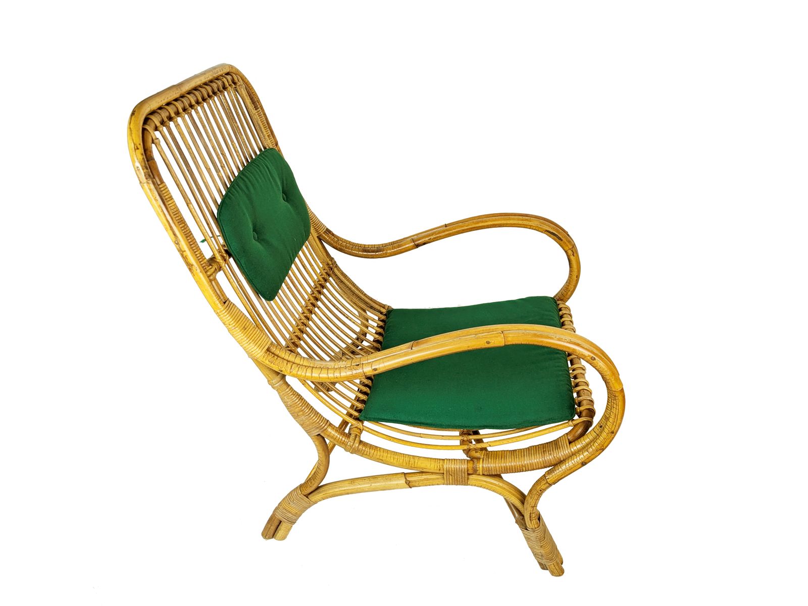 Mid Century Italian Armchairs In Rattan, Rush & Green Fabric, 1960s
