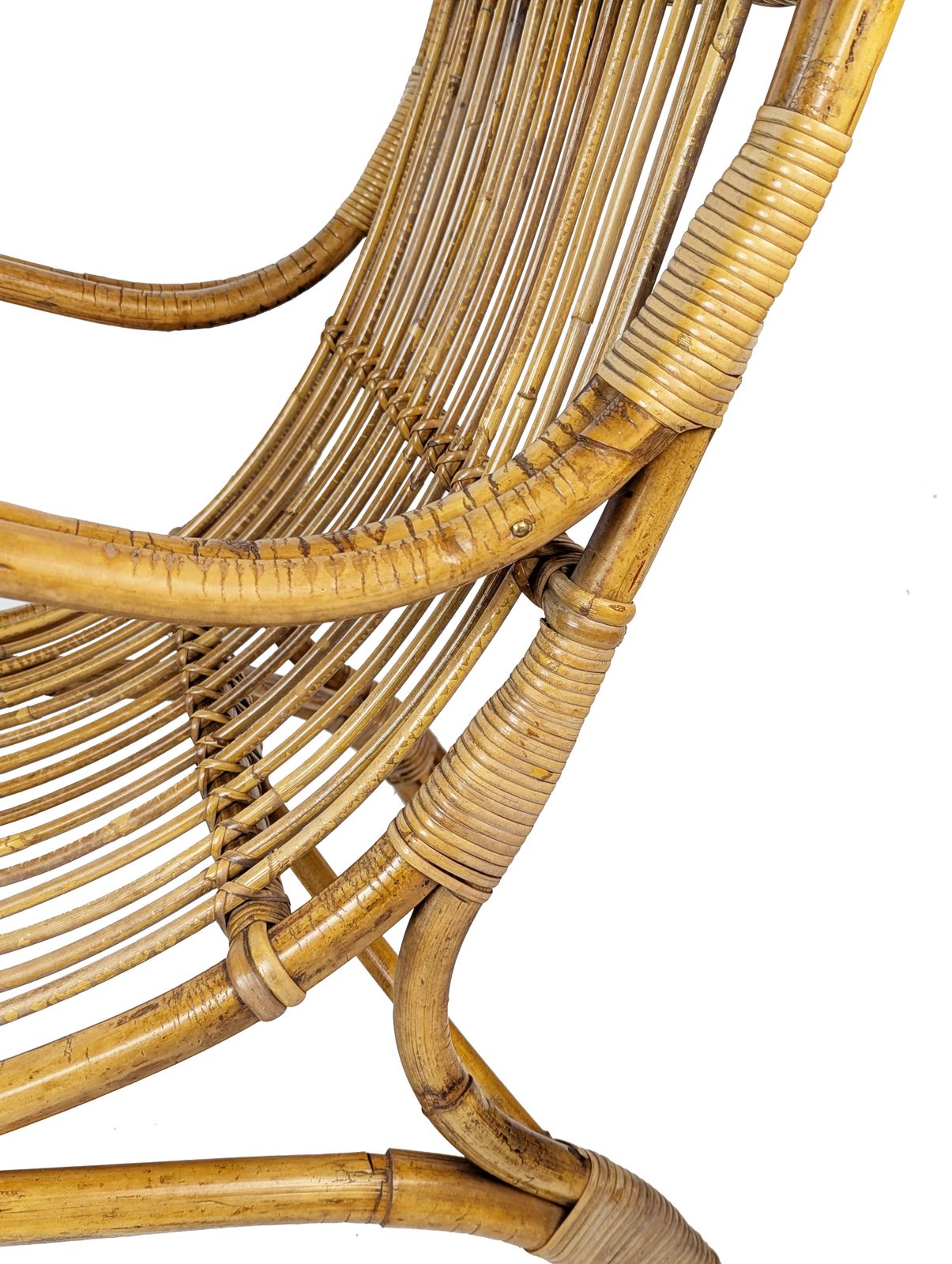 Mid Century Italian Armchairs In Rattan, Rush & Green Fabric, 1960s photo vinterior
