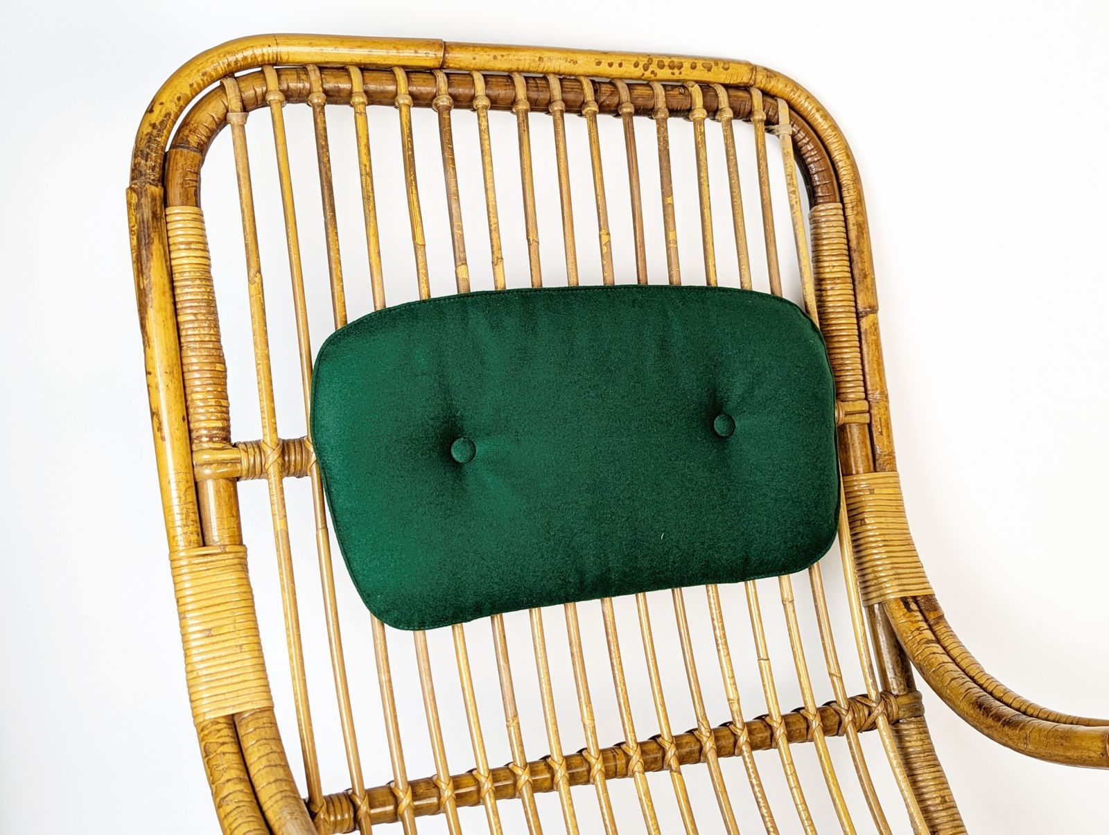 Mid Century Italian Armchairs In Rattan, Rush & Green Fabric, 1960s photo vintage