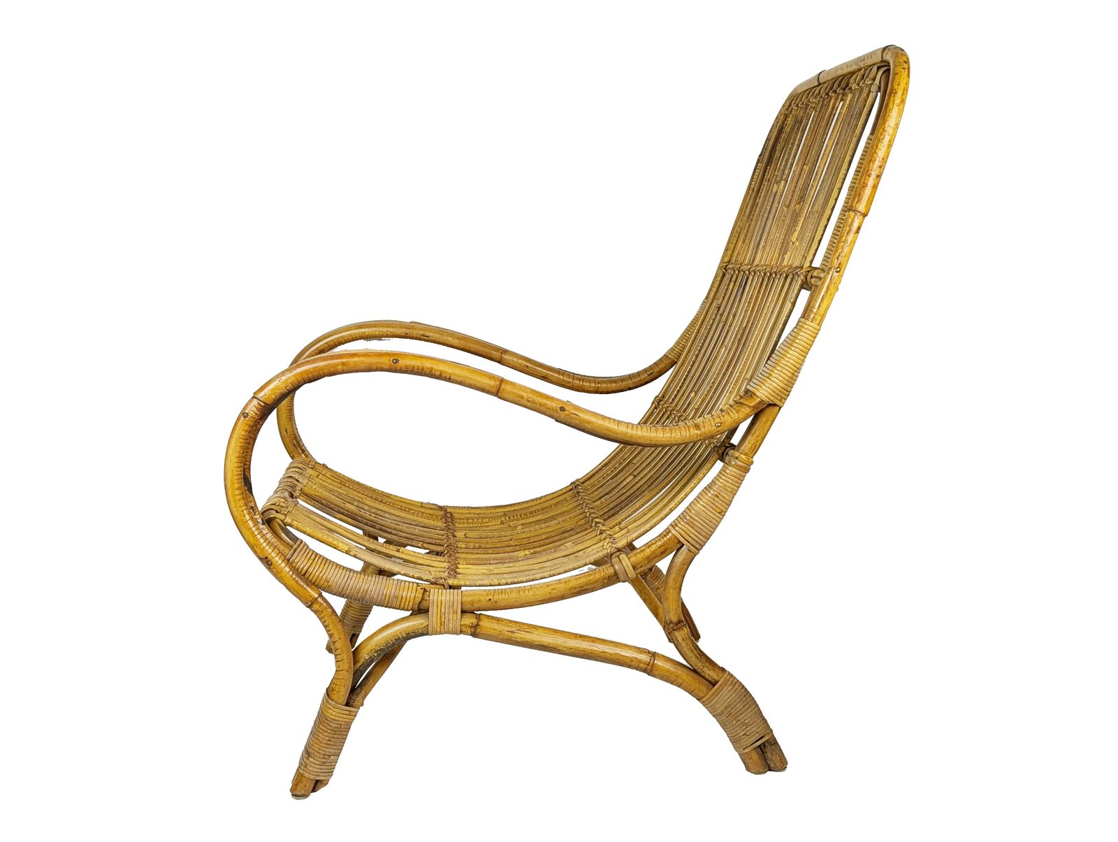 photo for sale Mid Century Italian Armchairs In Rattan, Rush & Green Fabric, 1960s