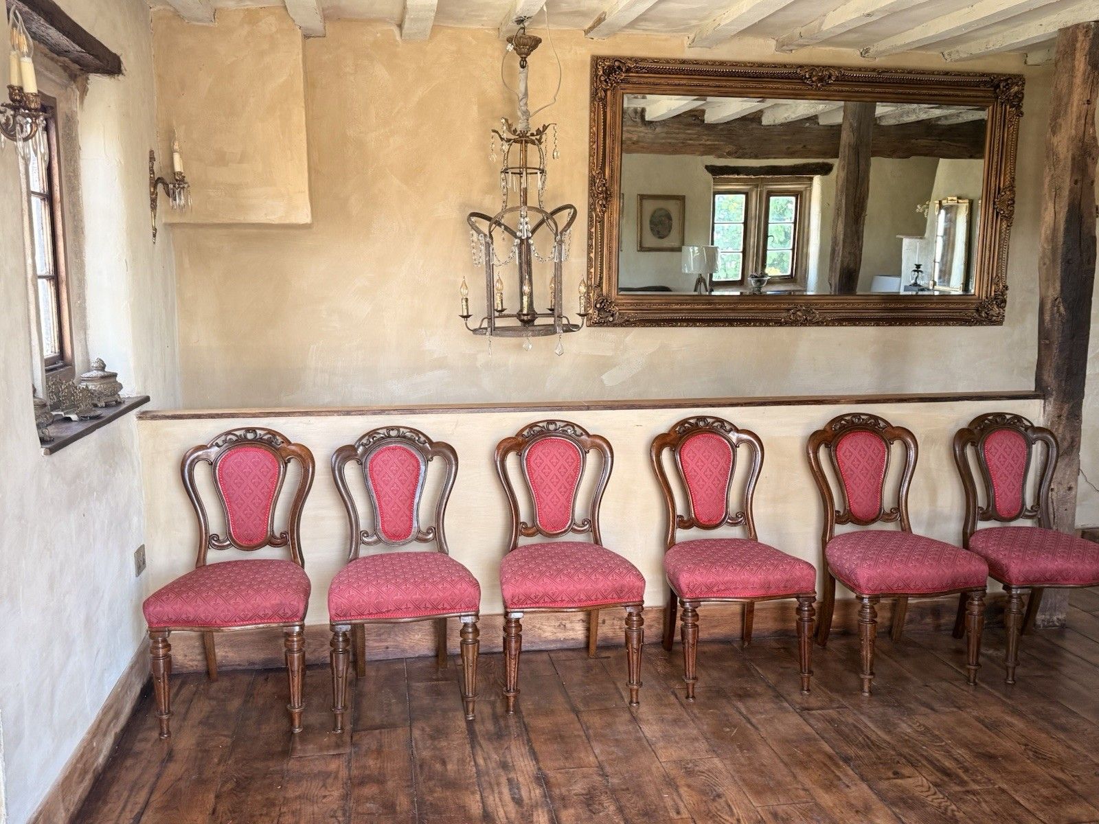 Original English Antique Oak Victorian Matching Dining Pink Chairs Set Of 6 photo for sale