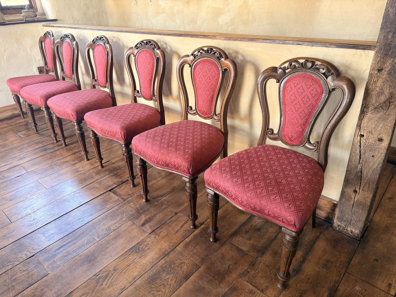 Original English Antique Oak Victorian Matching Dining Pink Chairs Set Of 6 photo 699.0