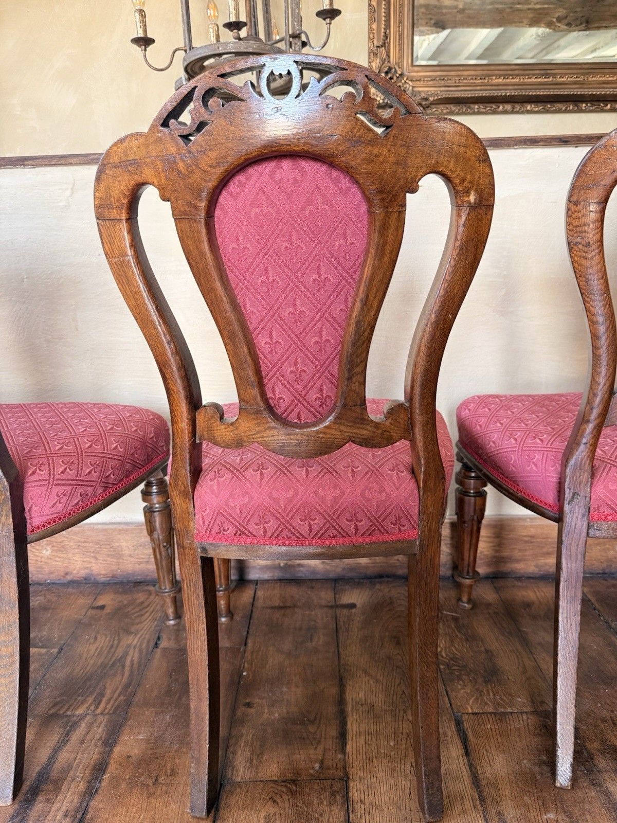 photo furniture Original English Antique Oak Victorian Matching Dining Pink Chairs Set Of 6