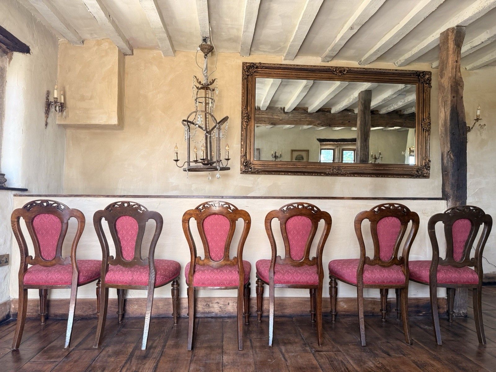 photo vintage Original English Antique Oak Victorian Matching Dining Pink Chairs Set Of 6