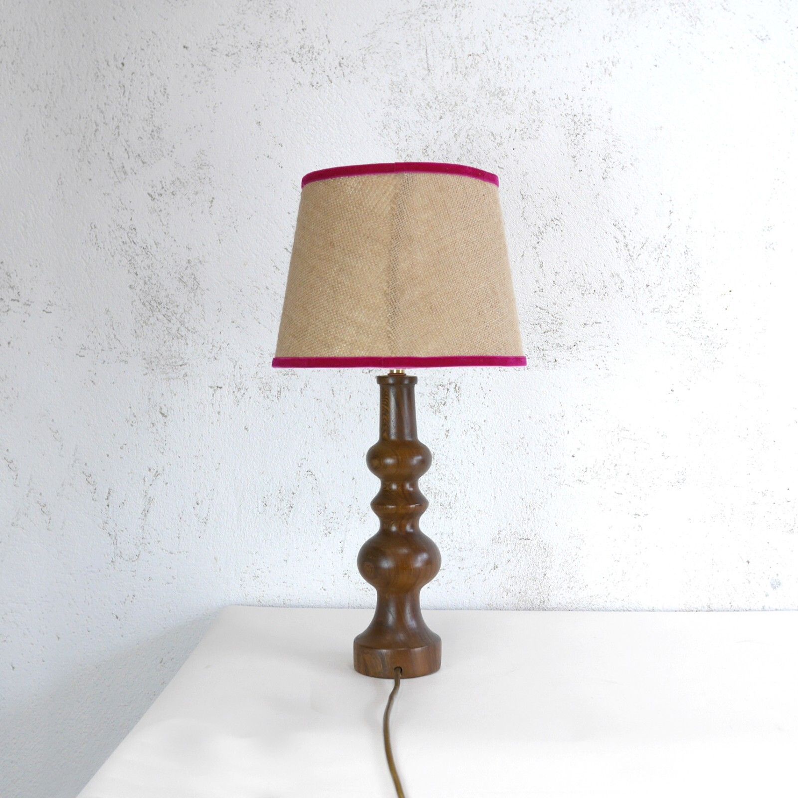 Vintage Mid Century Elm Teak Wood Table Lamp Hessian Shade Danish Era #102864 photo 175.0