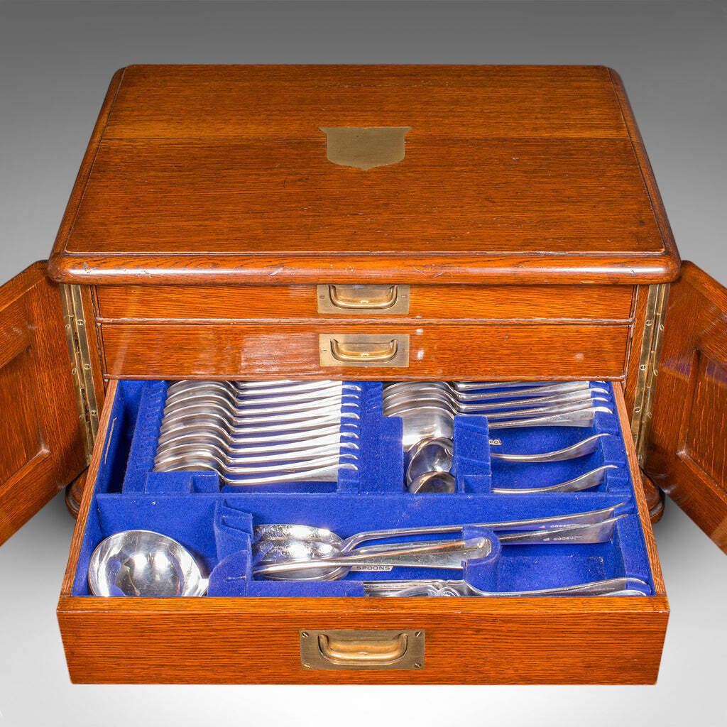 Antique Cutlery Canteen, English, Oak, Flatware Chest, Walker & Hall, Edwardian photo Furniture