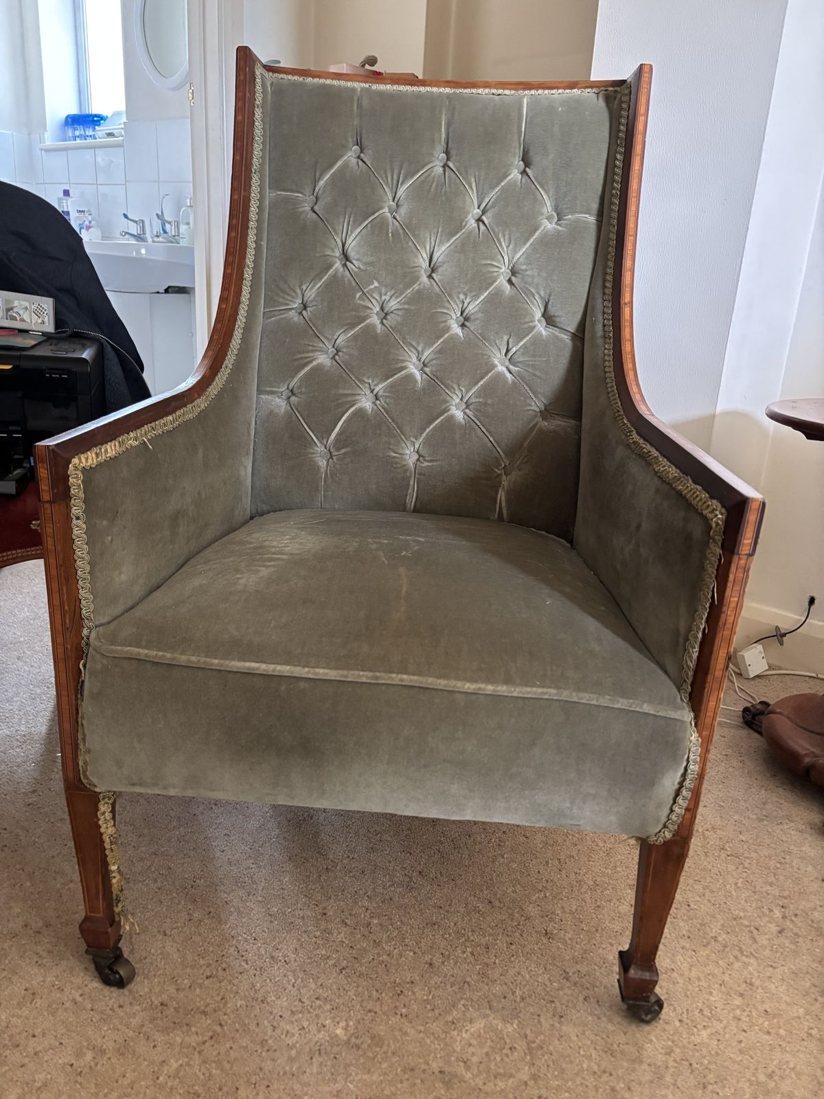 Edwardian Green Velvet Armchair photo 250.0