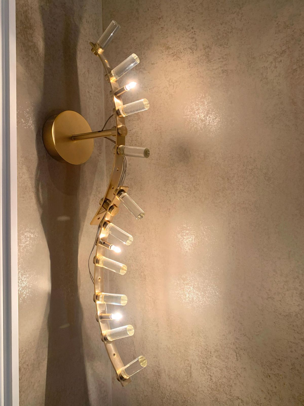 Set Of Six Gold Plated Brass And Murano Glass Wall Lights By Baroncelli Flexus Fosco, Italy photo for sale