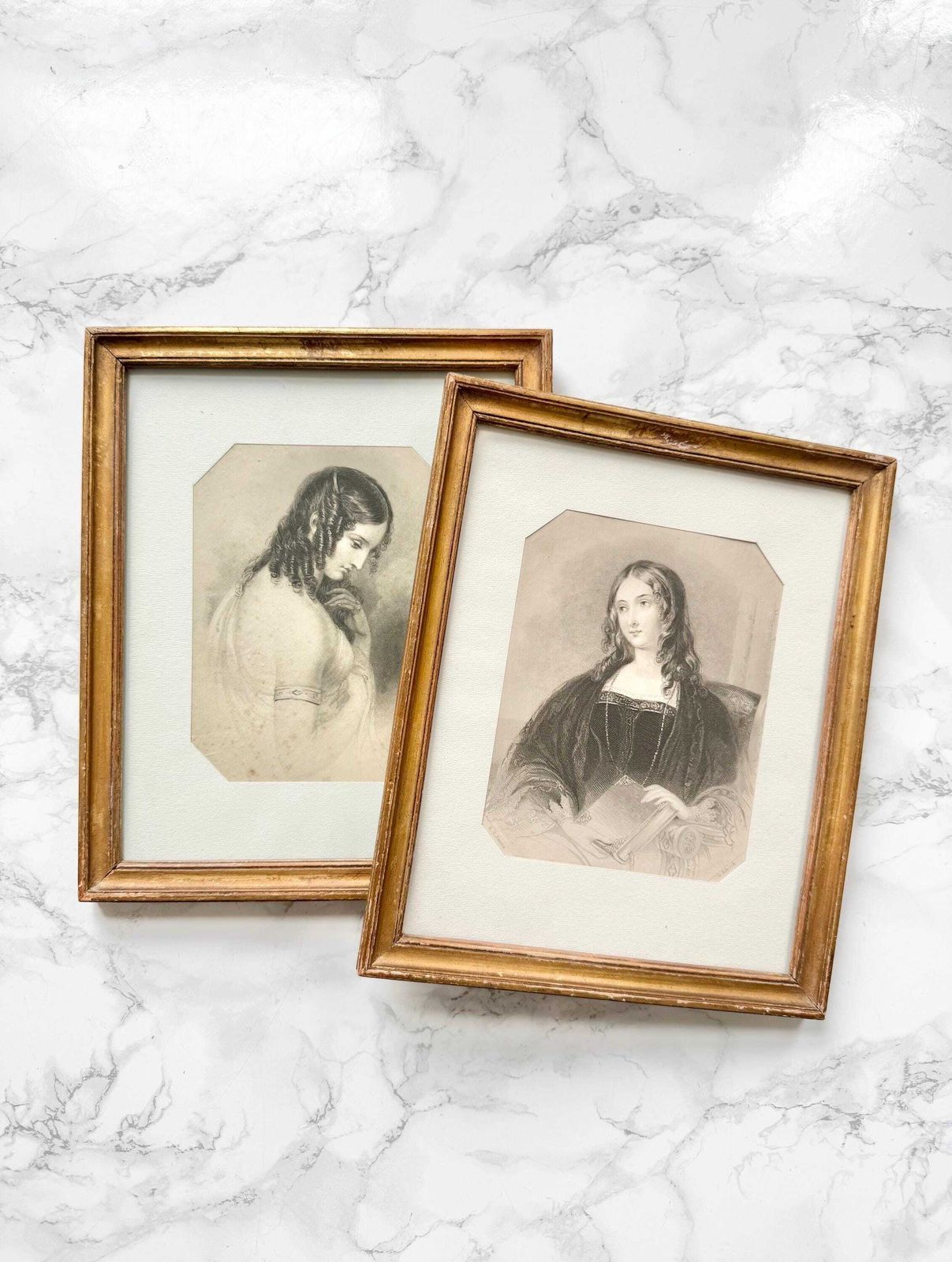 Antique Victorian Prints Pair Bust Portrait Ladies Antique Gold Gesso Frame Decorative Wall Hanging Heroines Gallery Wall Signed