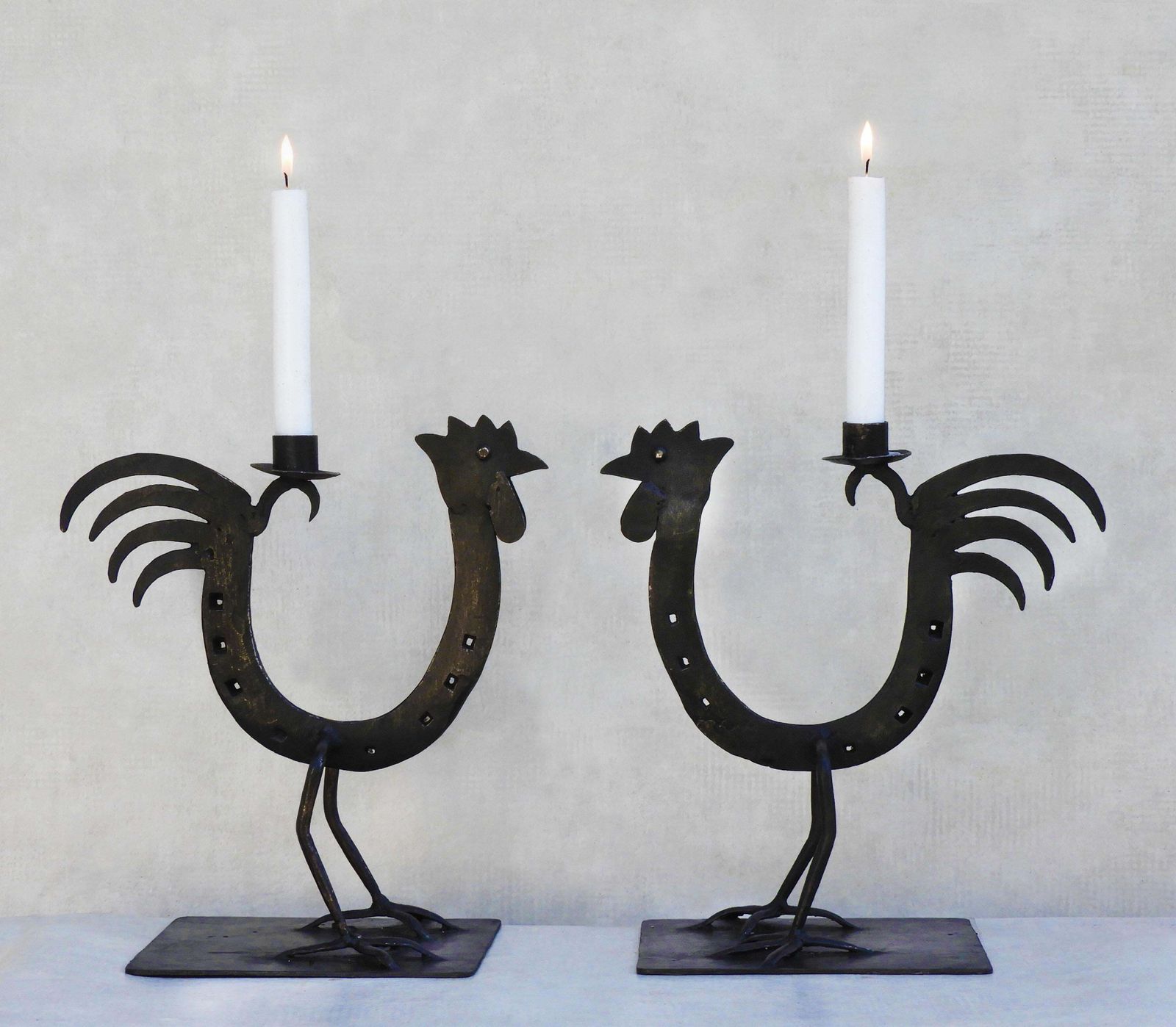 Pair Of French Midcentury Folk Art Ironcockerel/Rooster Candlesticks C1970s photo for sale