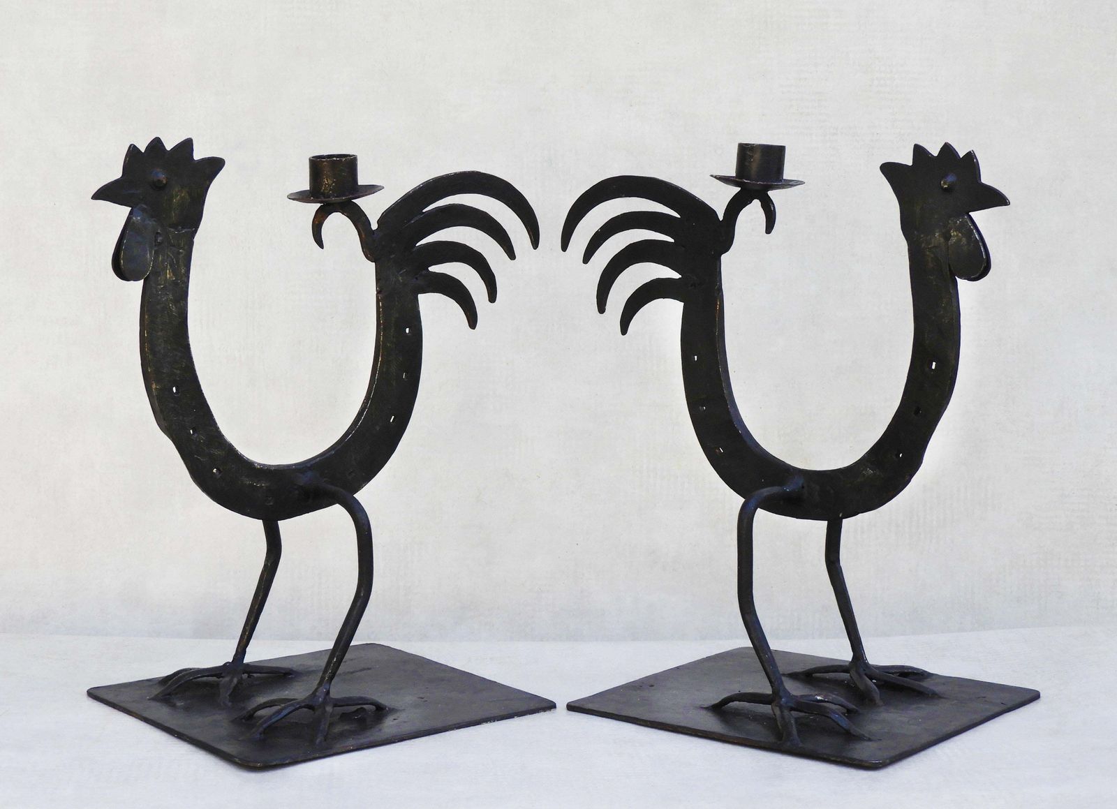 Pair Of French Midcentury Folk Art Ironcockerel/Rooster Candlesticks C1970s photo 961.0