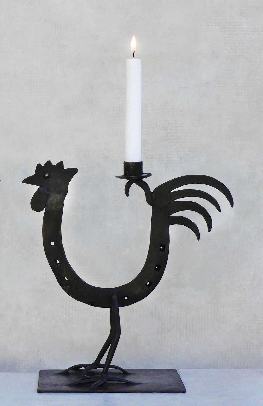 photo for sale Pair Of French Midcentury Folk Art Ironcockerel/Rooster Candlesticks C1970s