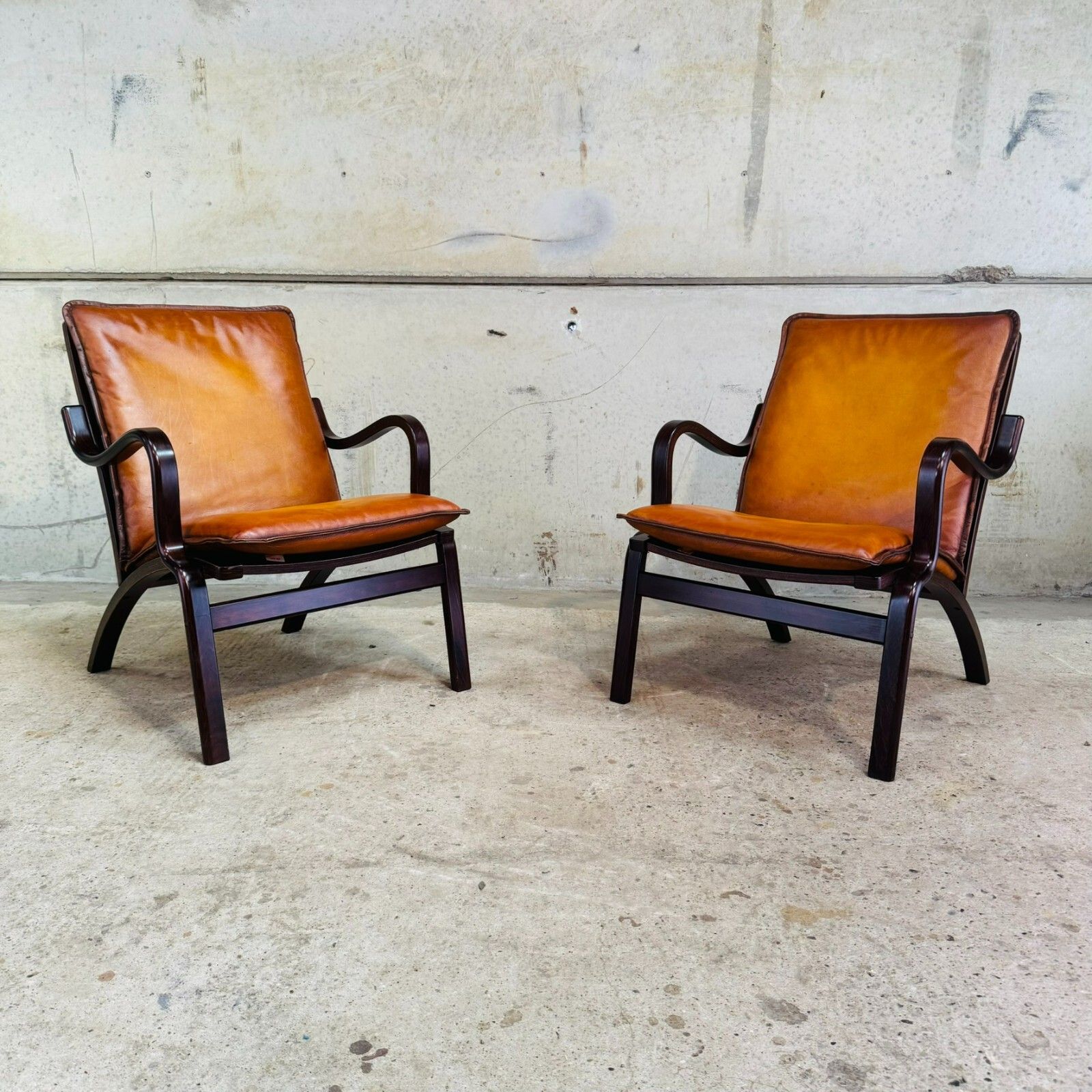 Pair Of Danish Stouby Armchairs – Beech Bentwood Frames, Light Tan Leather #A625