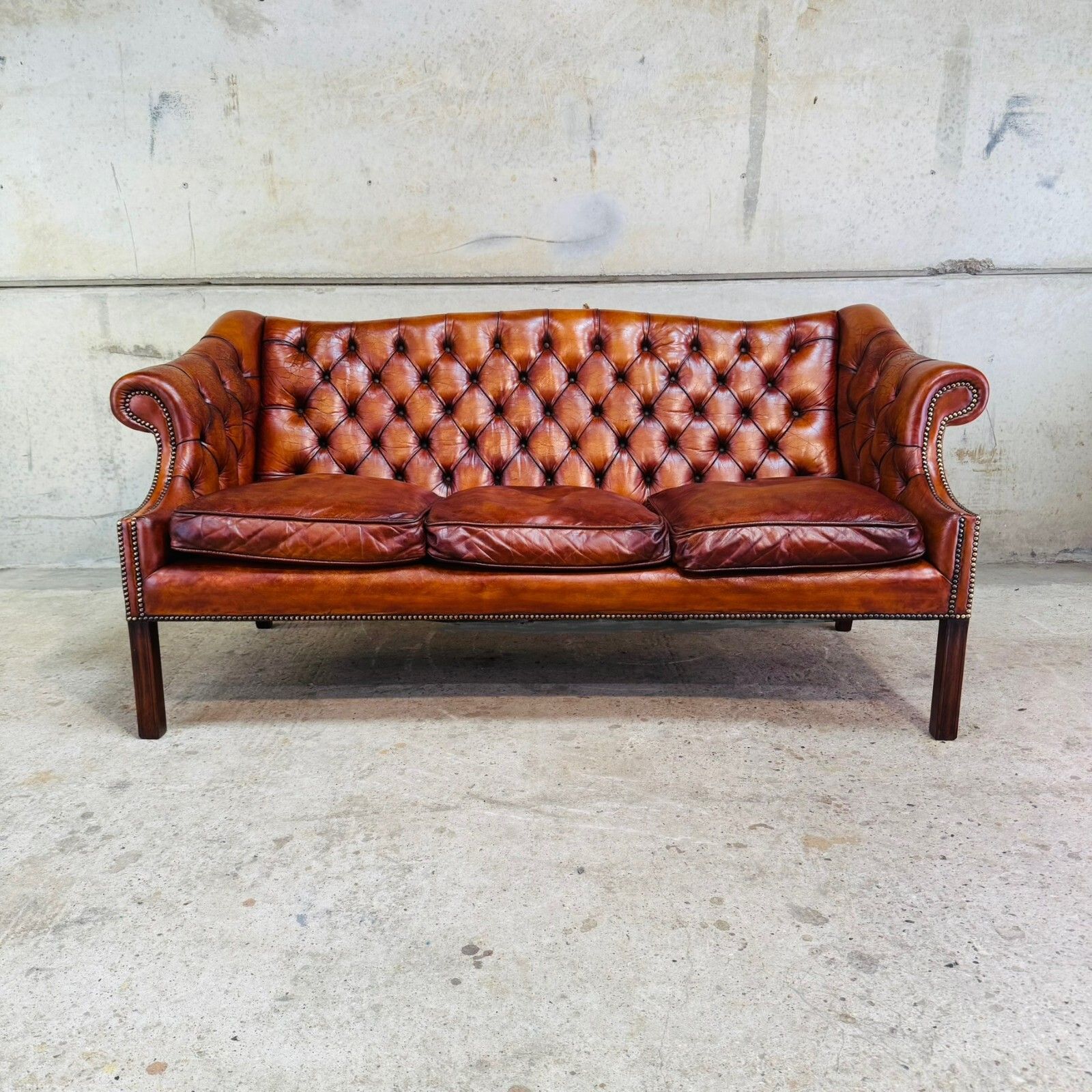 Mid Century English Gainsborough Cognac Leather Chesterfield 3 Seater Sofa #A403