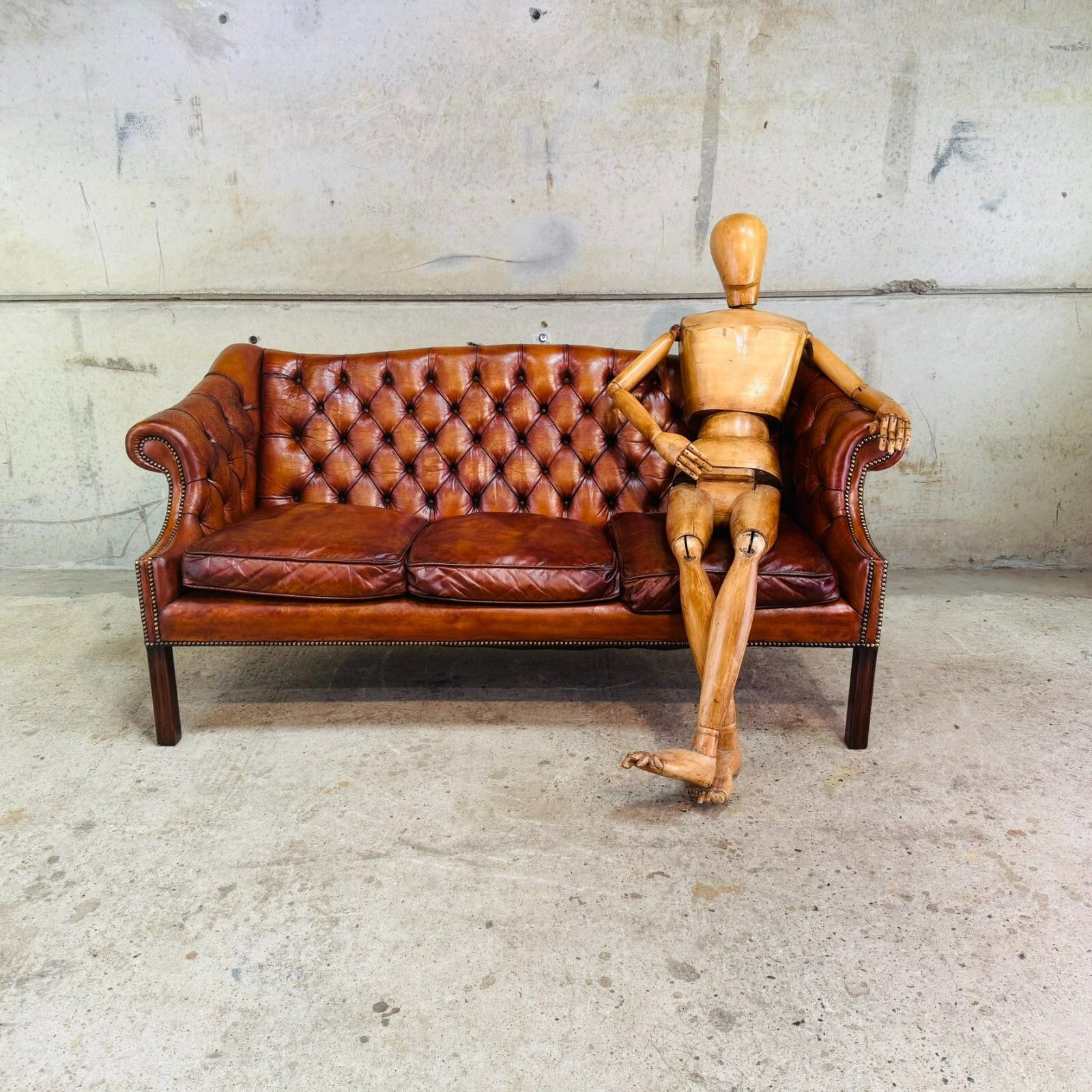 Mid Century English Gainsborough Cognac Leather Chesterfield 3 Seater Sofa #A403 photo furniture