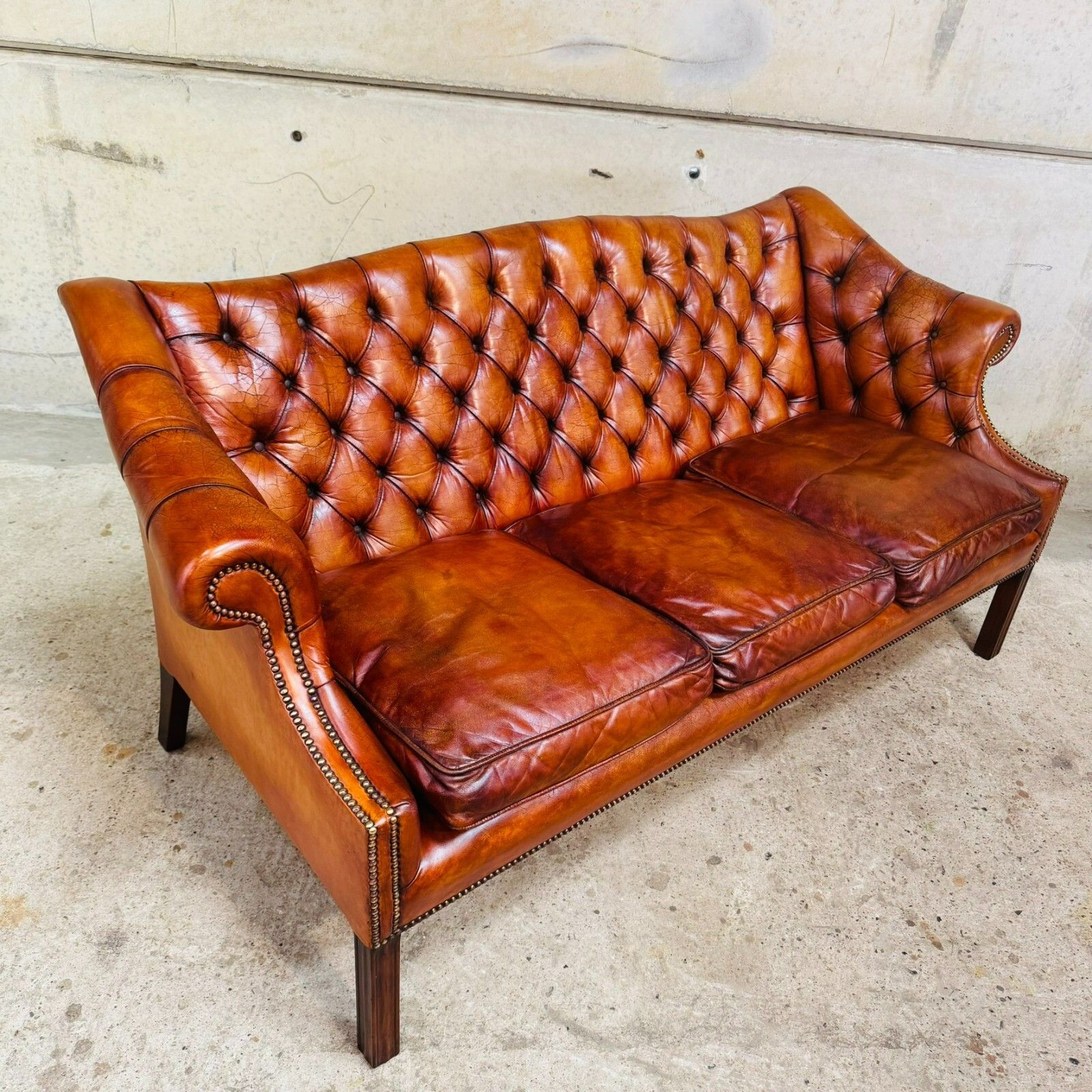 Mid Century English Gainsborough Cognac Leather Chesterfield 3 Seater Sofa #A403 photo vinterior