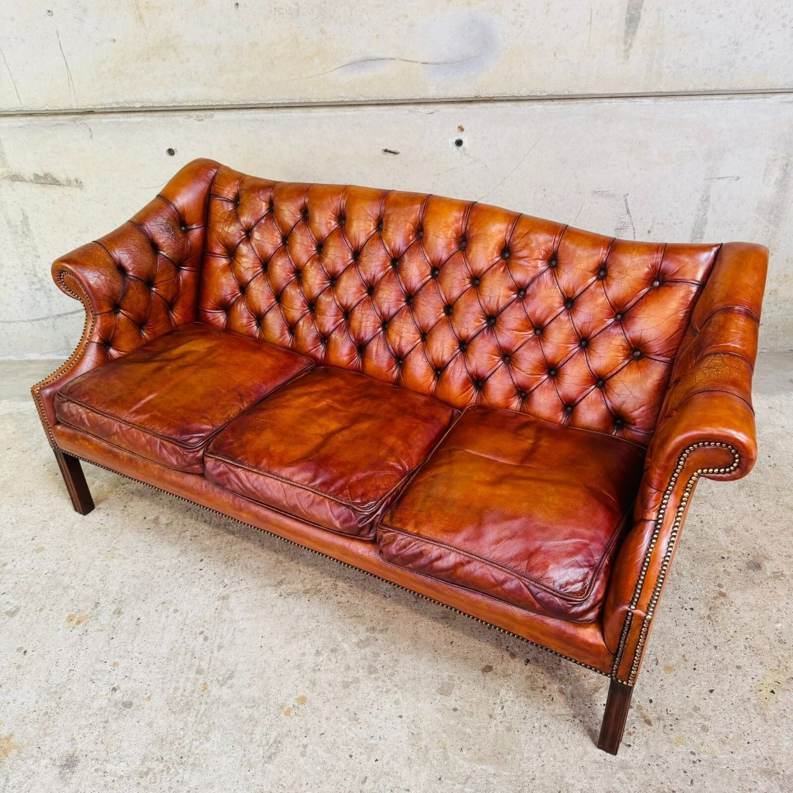 Furniture Mid Century English Gainsborough Cognac Leather Chesterfield 3 Seater Sofa #A403 photo