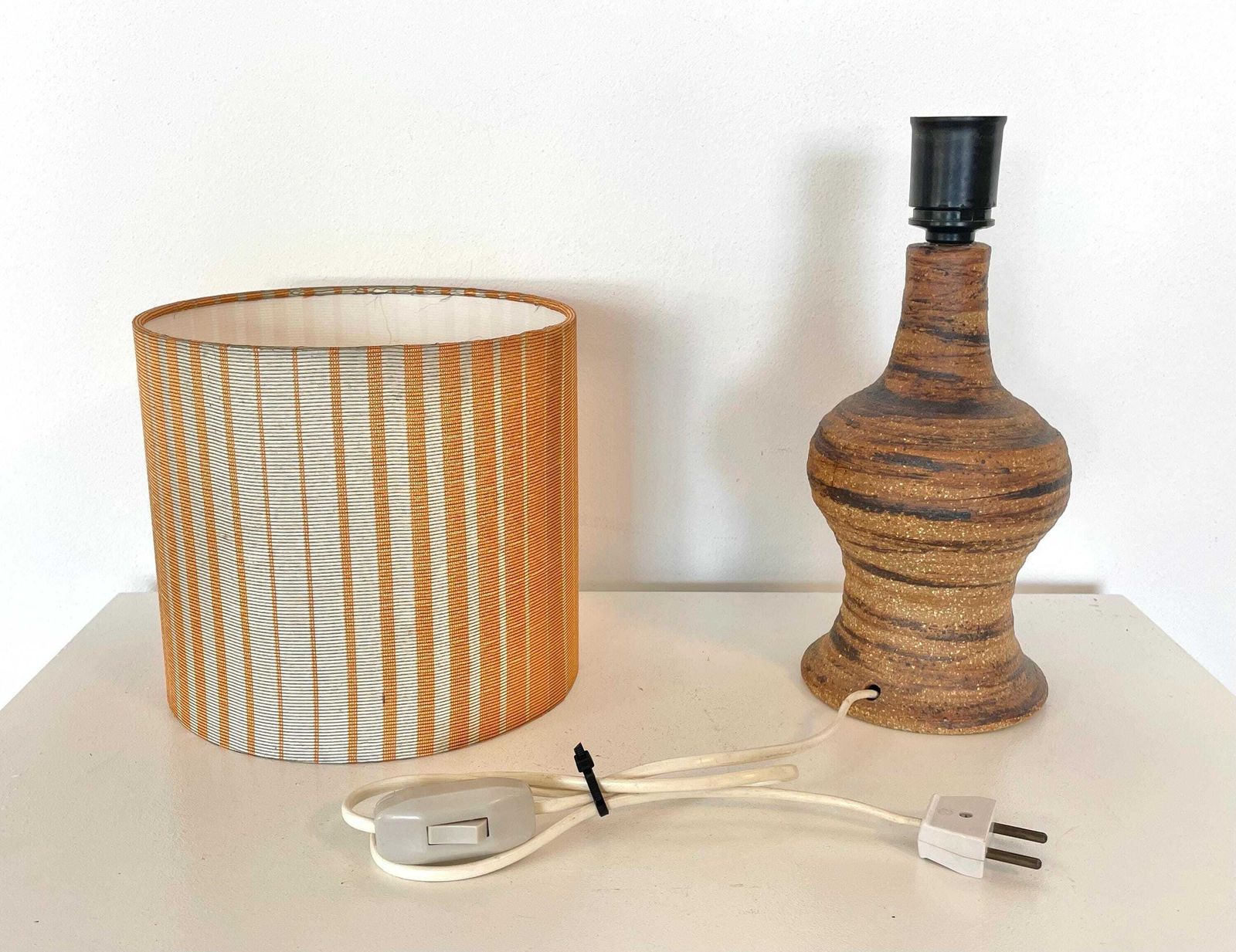 Danish Mid Century Modern Vintage Design Ceramic Table Lamp In Organic Shape With Raw Clay And Beautiful Striped Fabric Drum Shade photo buy