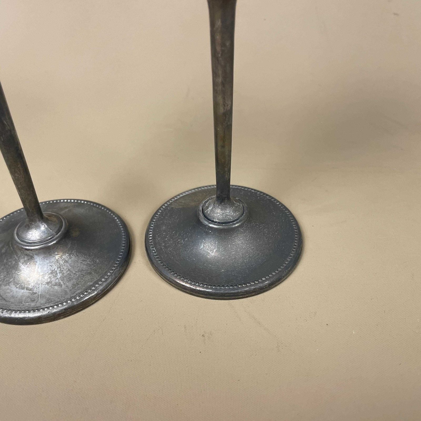 Antique Matching Pair Of Silver Plated Metal Candlestick Candle Stick Vintage Column Taper Dinner Candlesticks Set Round Aged photo 50.0