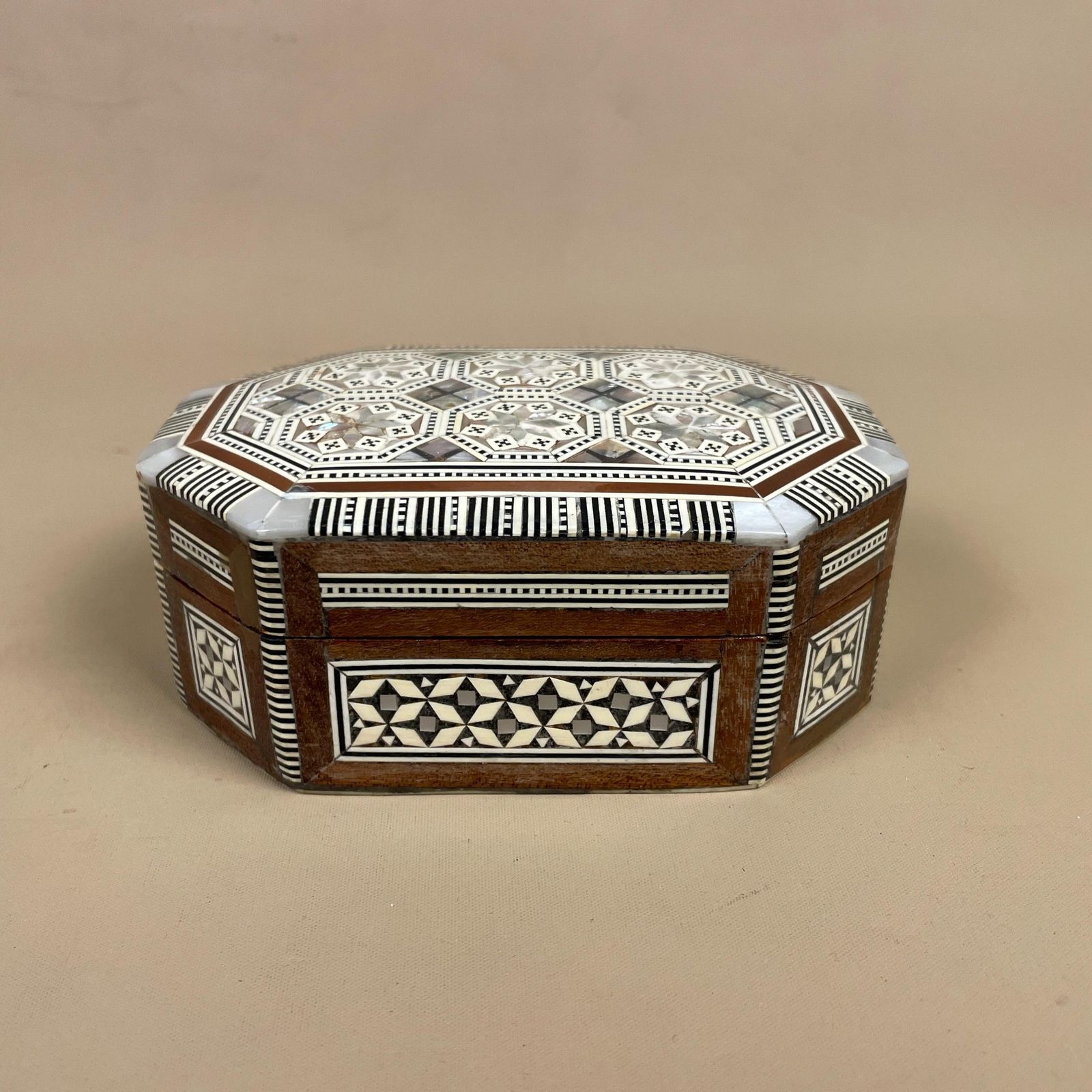 Vintage Small Wooden Mother Of Pearl Inlay Box Trinket Jewellery Middle Eastern Red Lining Octagon Lidded Top Lid Patterned Pattern Handmade photo for sale