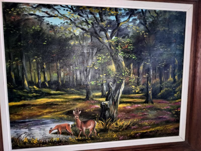 Antique Deer In The Woods Large French Oil Painting photo furniture