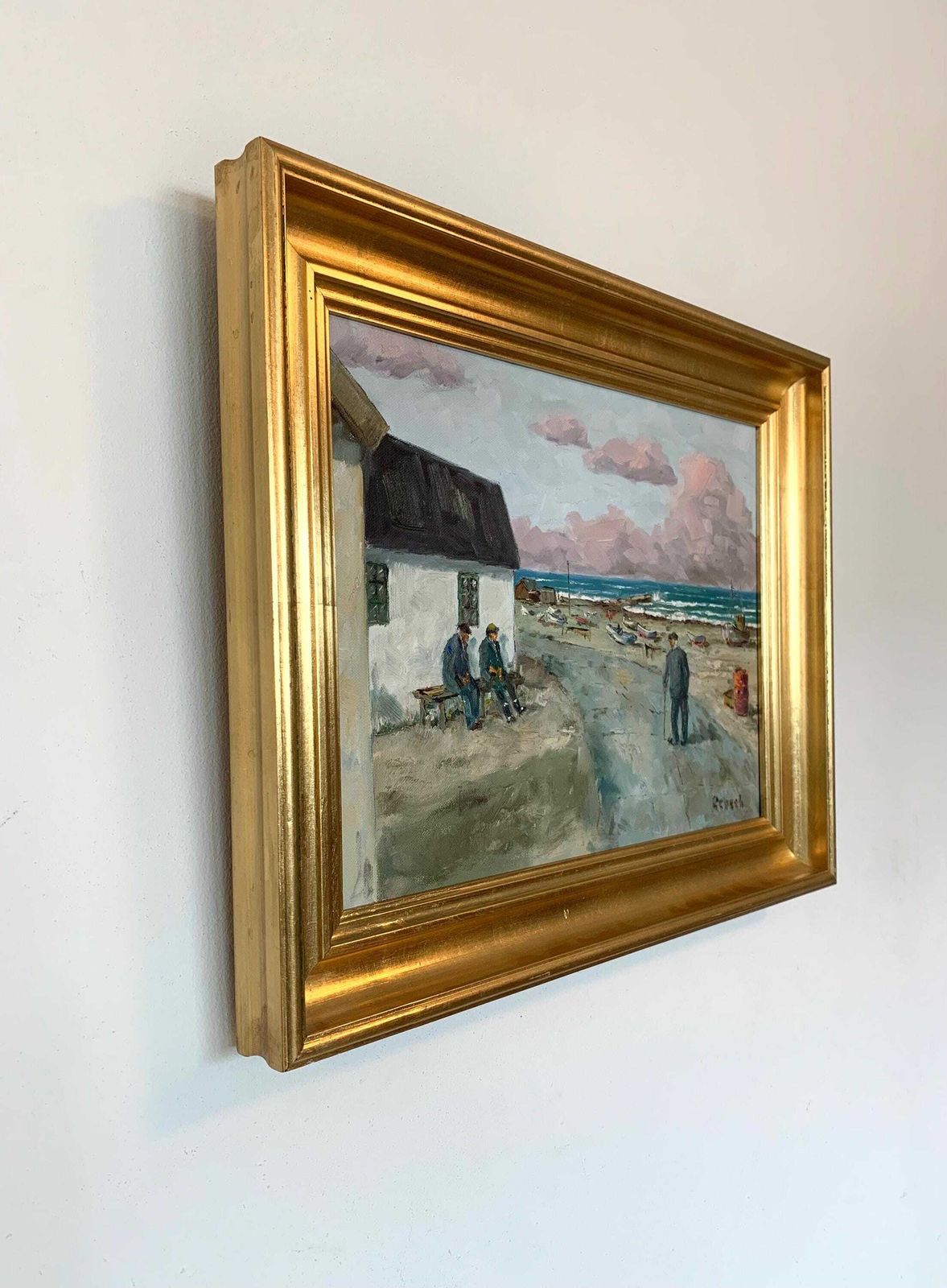Mid Century Danish Original Vintage Oil On Canvas Signed Painting With A Small Fishing Village photo for sale
